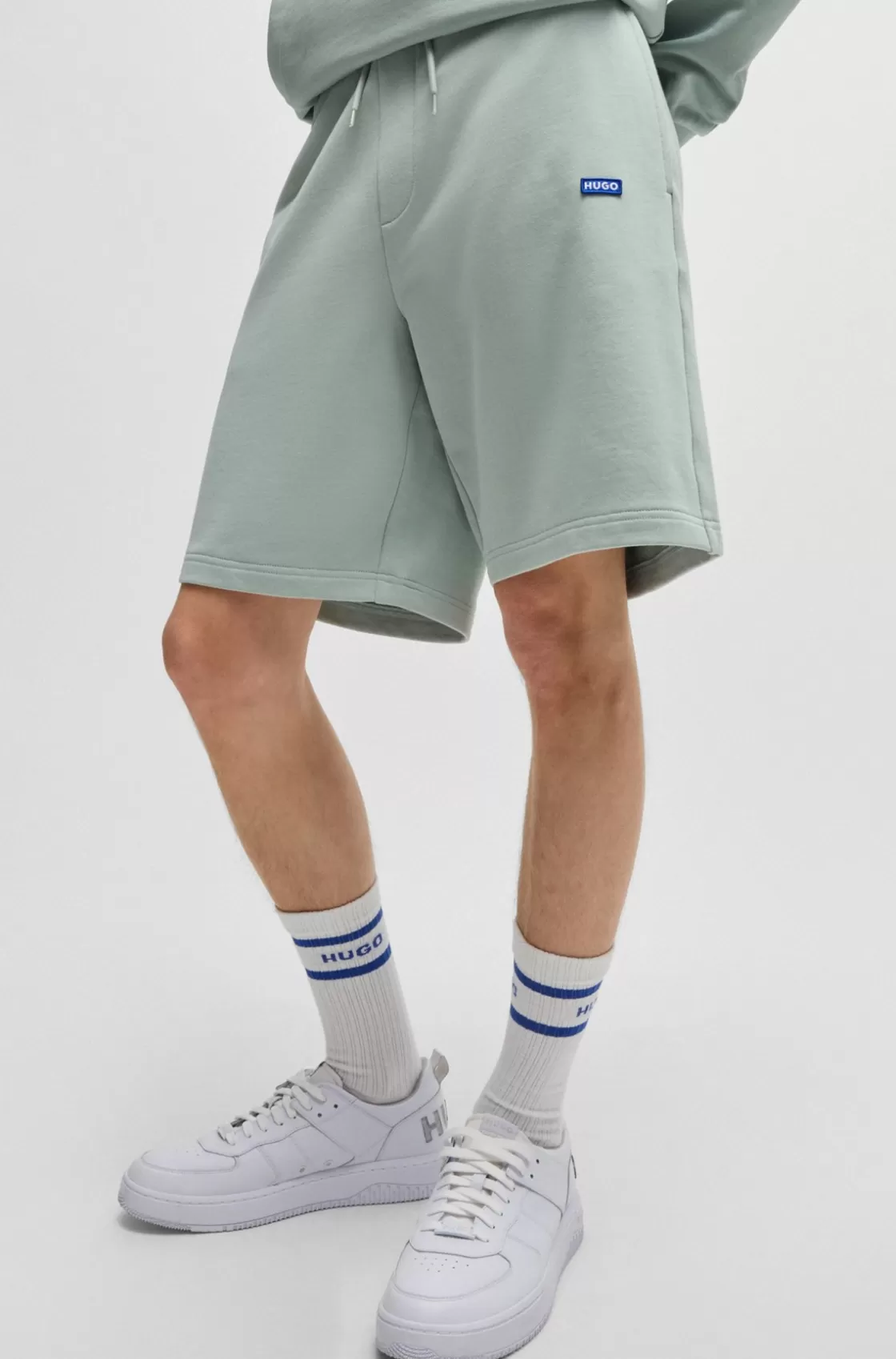 HUGO BOSS Cotton-terry Shorts With Blue Logo Patch Light Green Hot