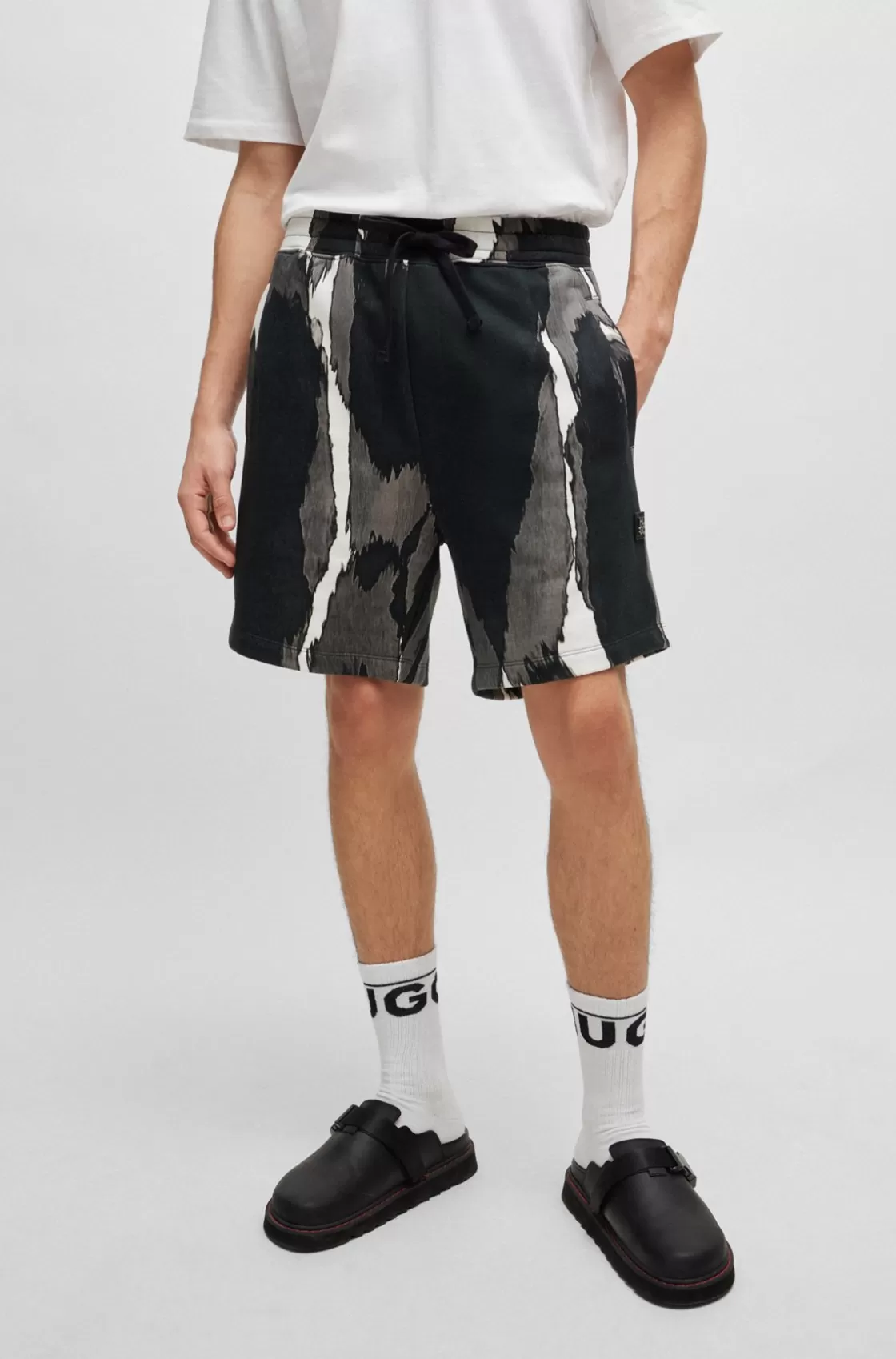 HUGO BOSS Cotton-terry Shorts With Camouflage Print Patterned New