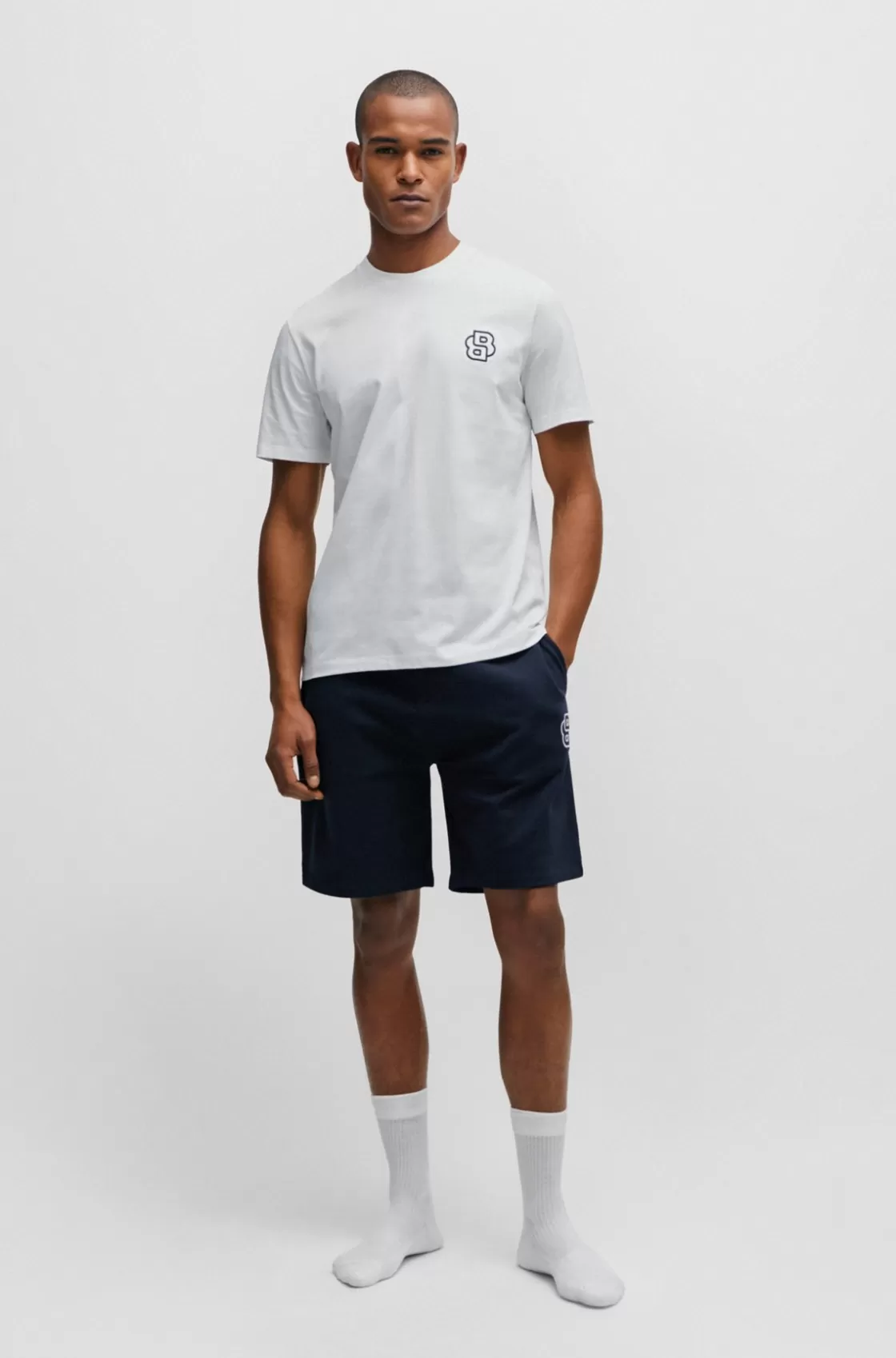 HUGO BOSS Cotton-terry Shorts With Double Monogram And Drawstring Dark Blue Discount