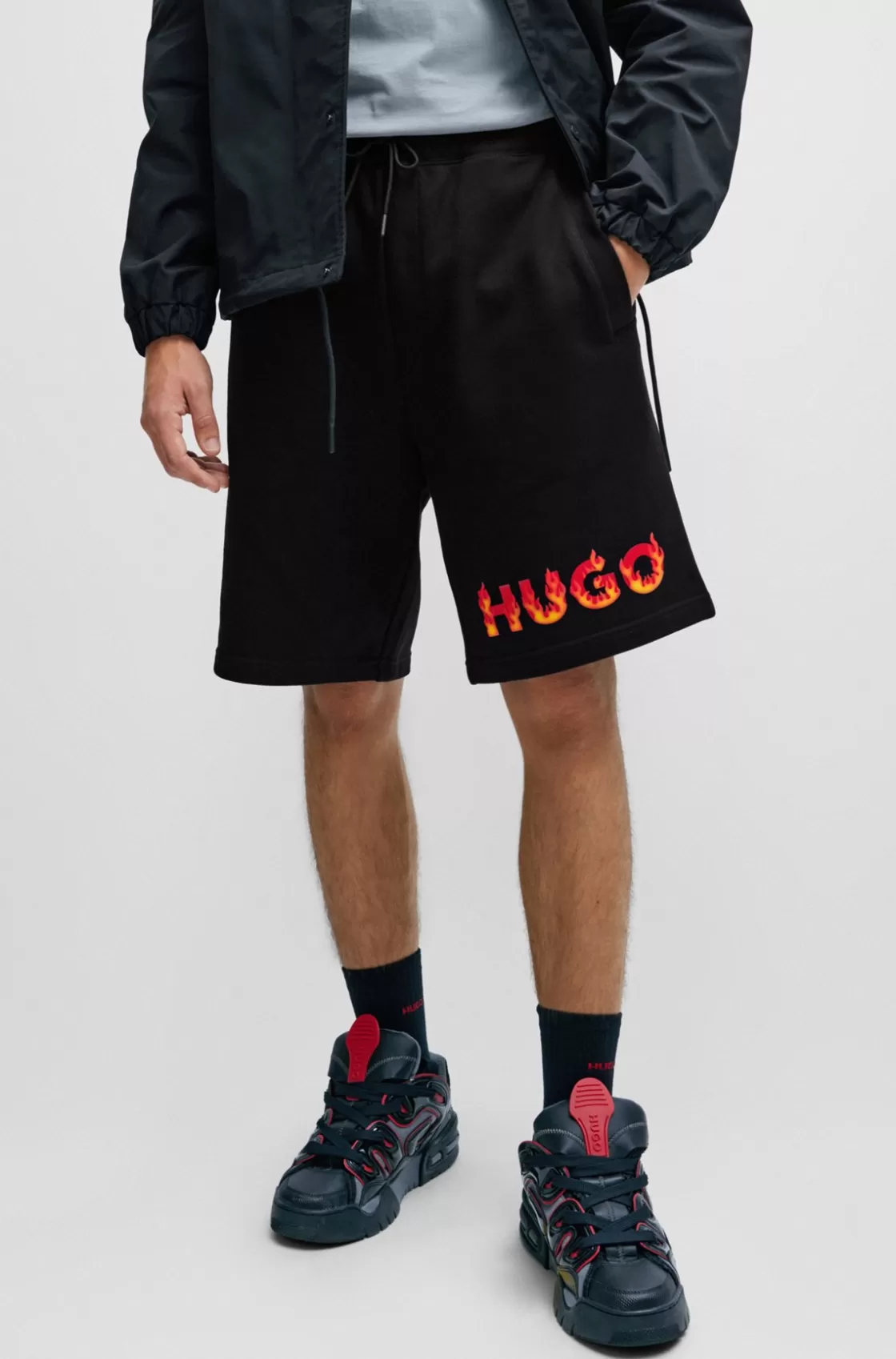 HUGO BOSS Cotton-terry Shorts With Puffed Flame Logo Black Clearance