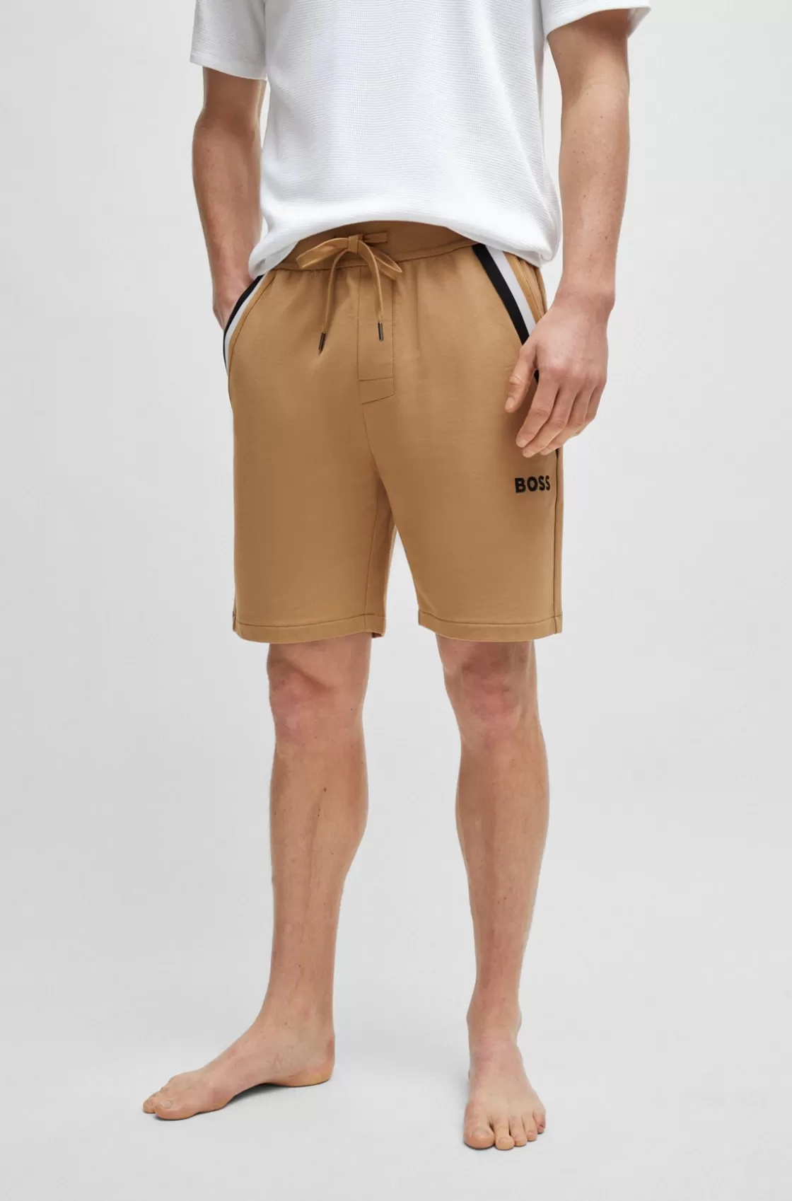 HUGO BOSS Cotton-terry Shorts With Signature-stripe Tape Beige New