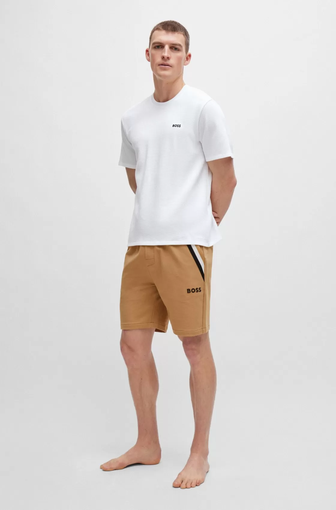 HUGO BOSS Cotton-terry Shorts With Signature-stripe Tape Beige New