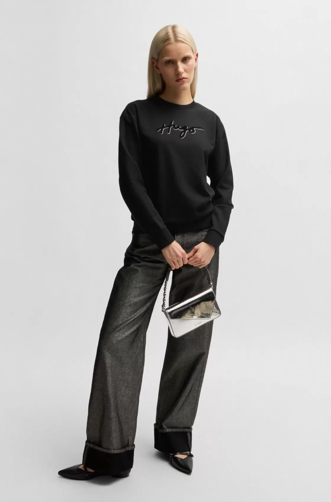 HUGO BOSS Cotton-terry Sweatshirt With Flock Print And Rhinestones Black Best