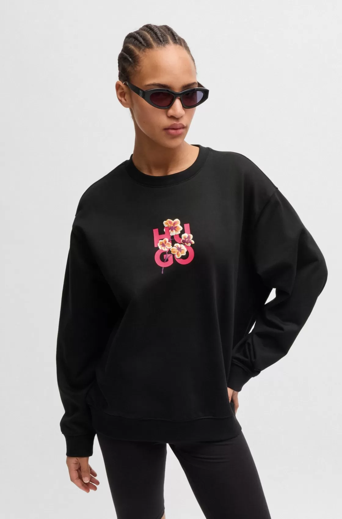 HUGO BOSS Cotton-terry Sweatshirt With Floral Stacked-logo Graphic Black Cheap
