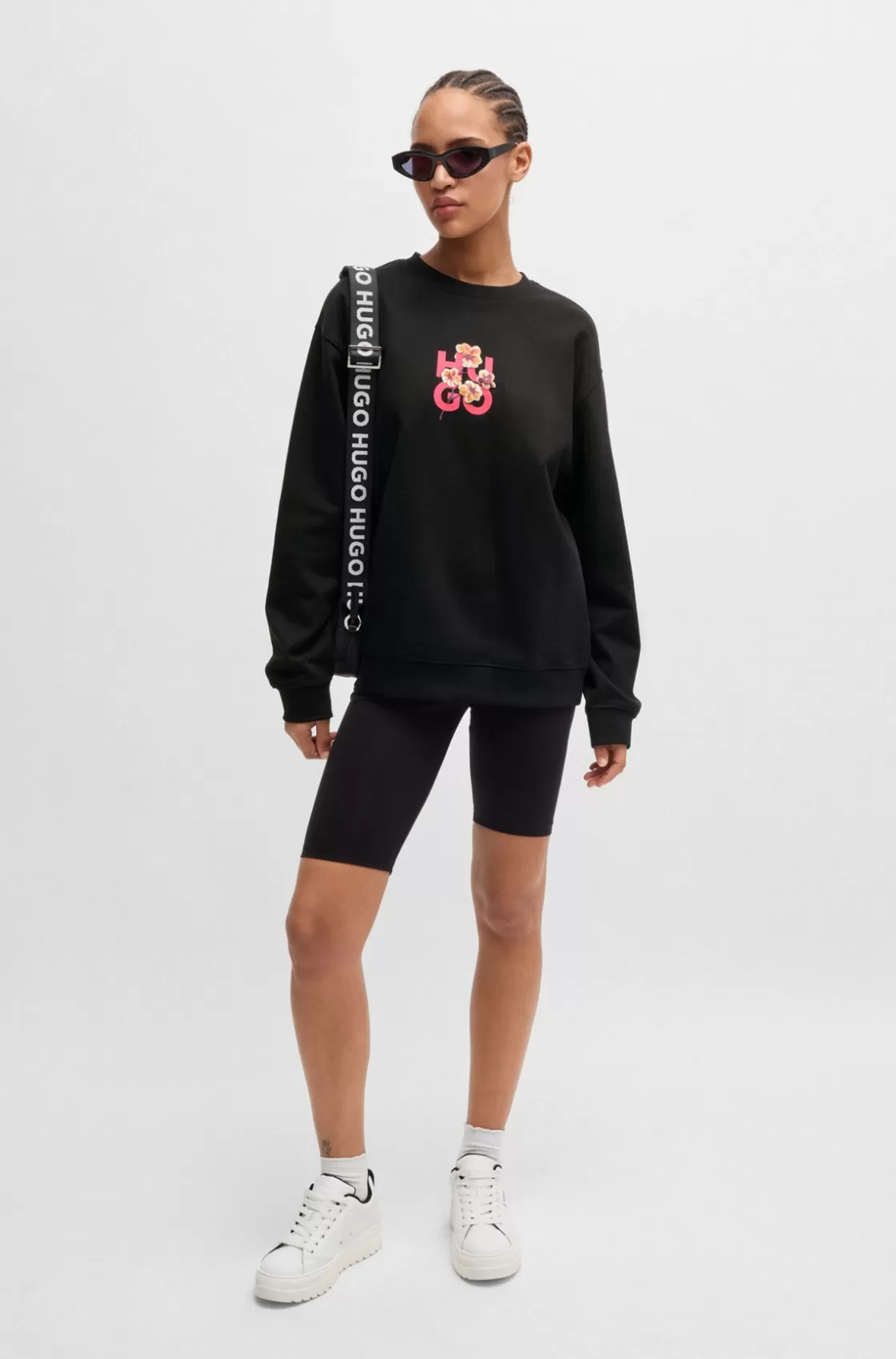 HUGO BOSS Cotton-terry Sweatshirt With Floral Stacked-logo Graphic Black Cheap