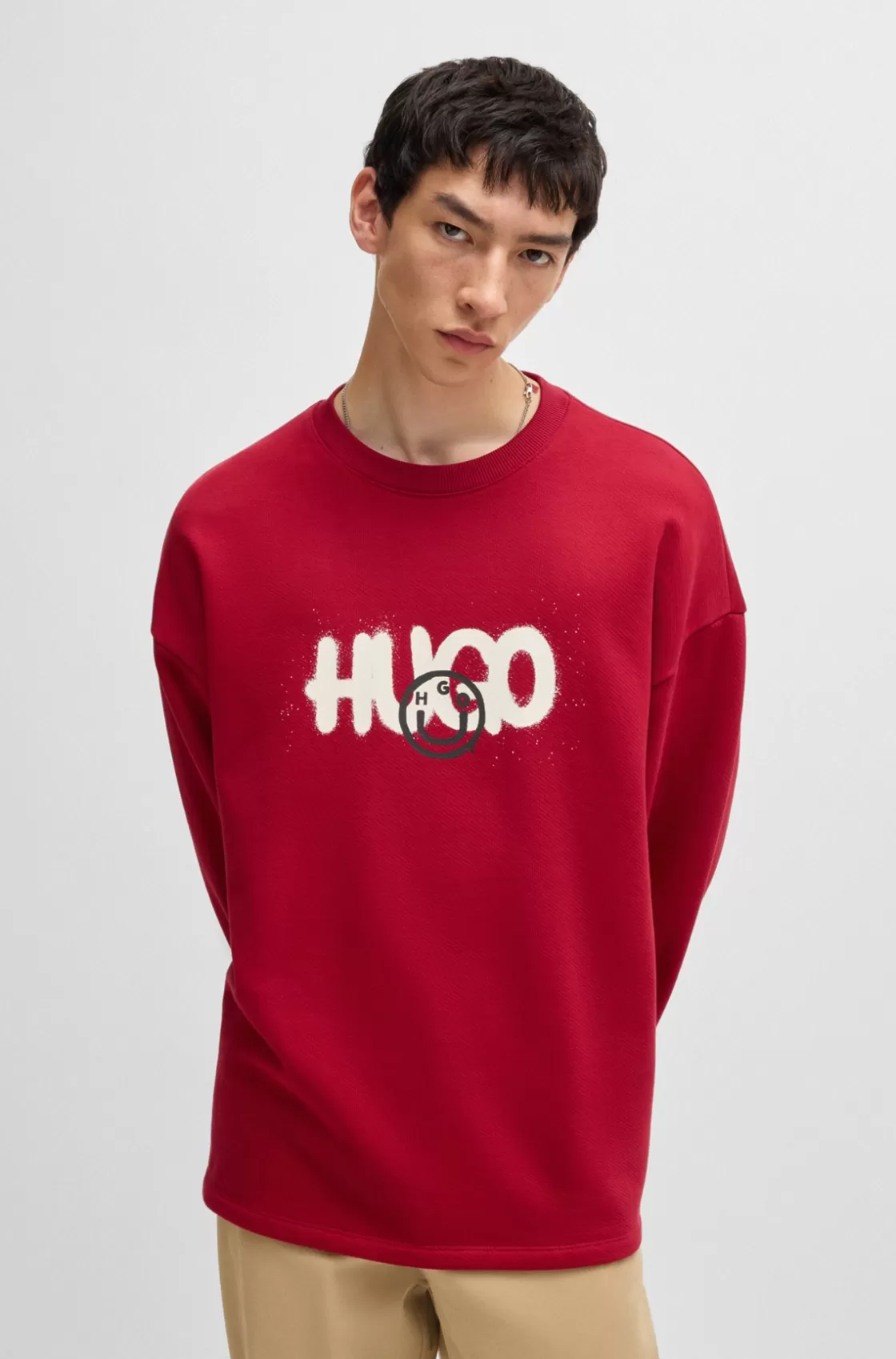 HUGO BOSS Cotton-terry Sweatshirt With Happy HUGO Logo Dark Red Sale