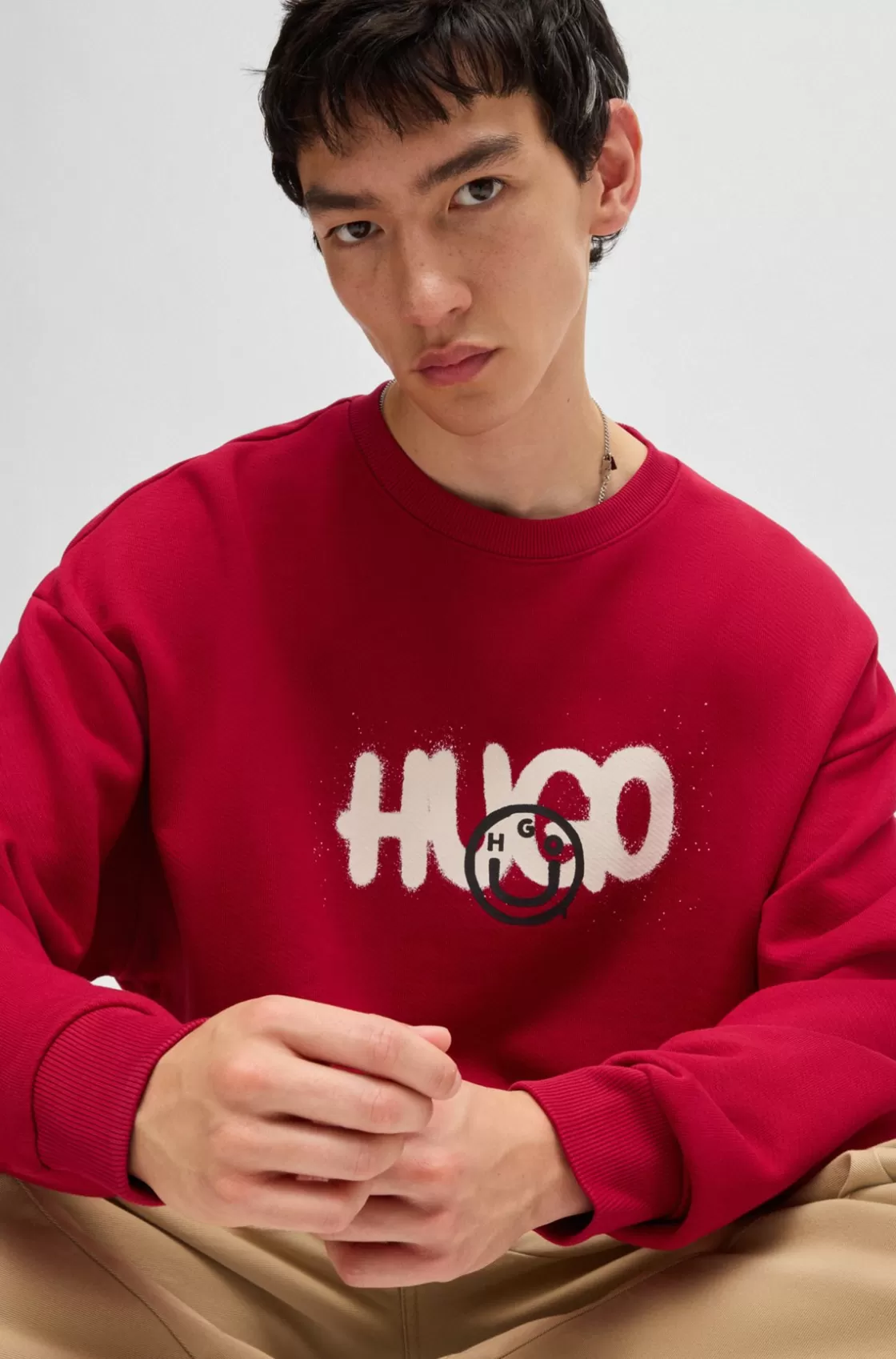 HUGO BOSS Cotton-terry Sweatshirt With Happy HUGO Logo Dark Red Sale