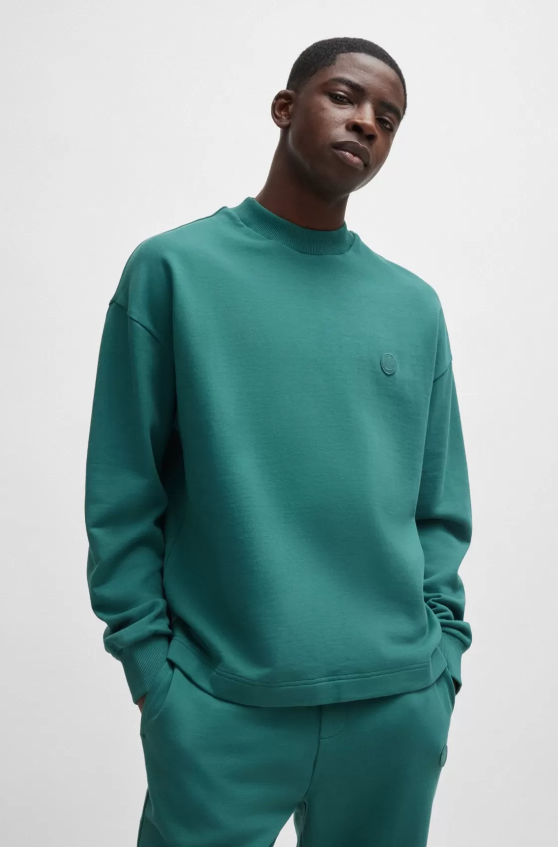 HUGO BOSS Cotton-terry Sweatshirt With Happy HUGO Logo Patch Green Flash Sale