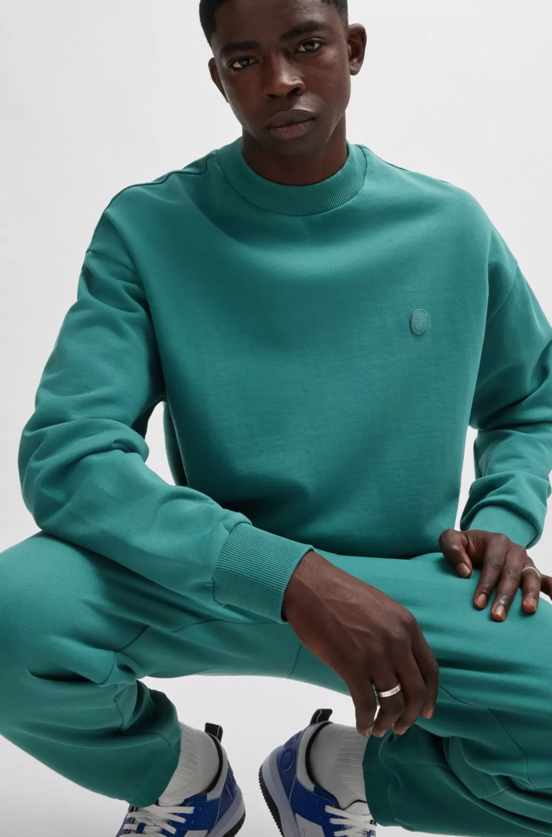 HUGO BOSS Cotton-terry Sweatshirt With Happy HUGO Logo Patch Green Flash Sale