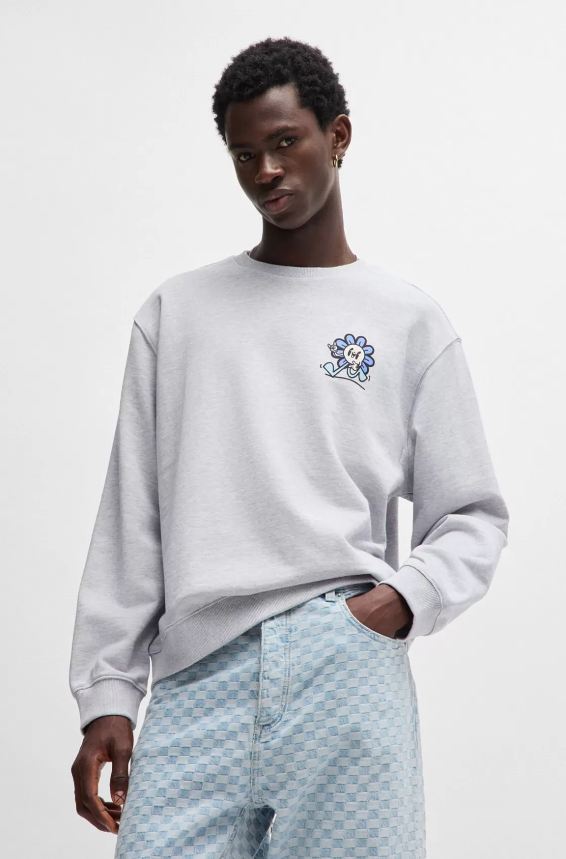 HUGO BOSS Cotton-terry Sweatshirt With Seasonal Graphic Prints Light Grey Store