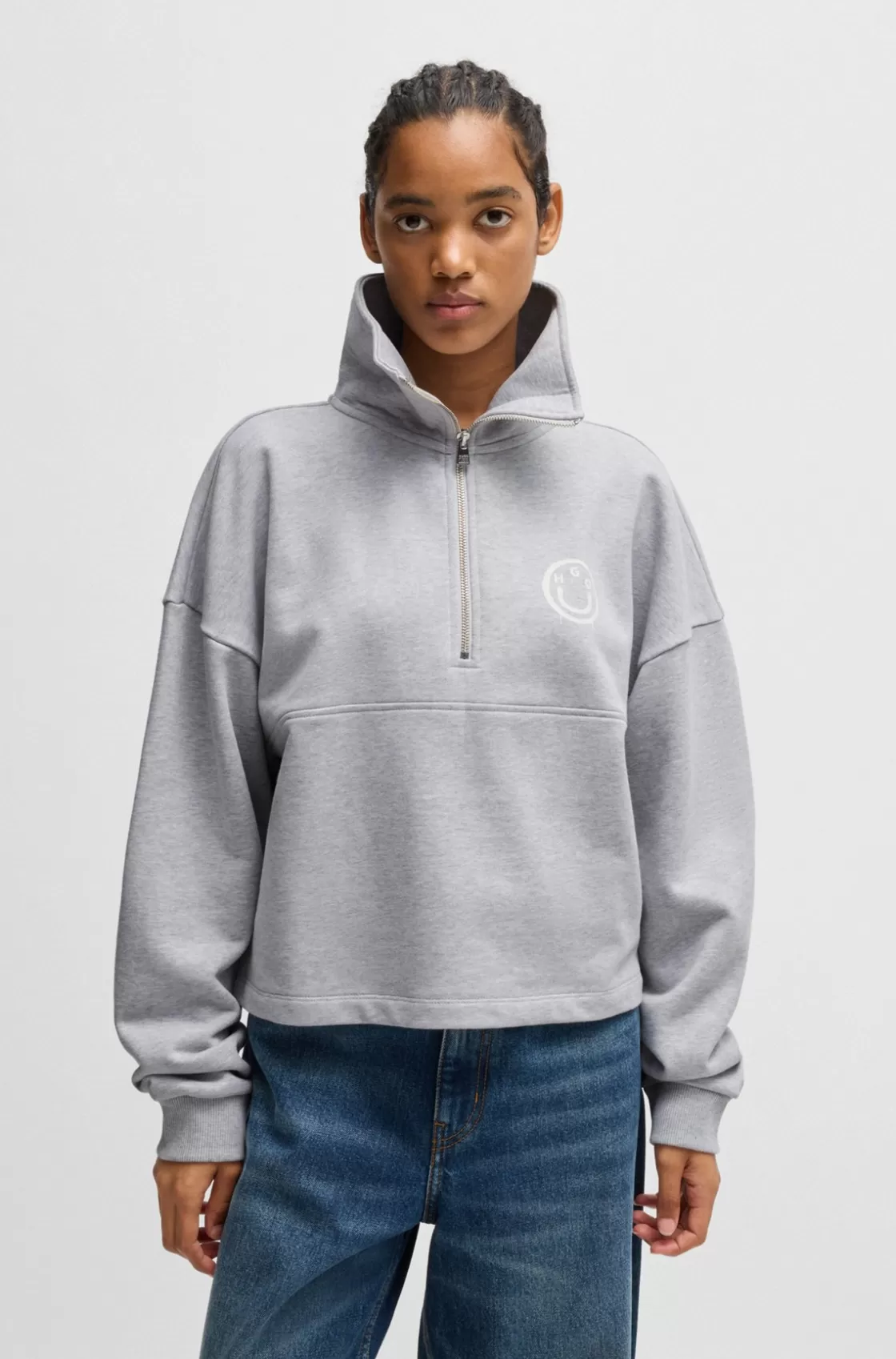 HUGO BOSS Cotton-terry Sweatshirt With Seasonal Logo Graphics Light Grey Store