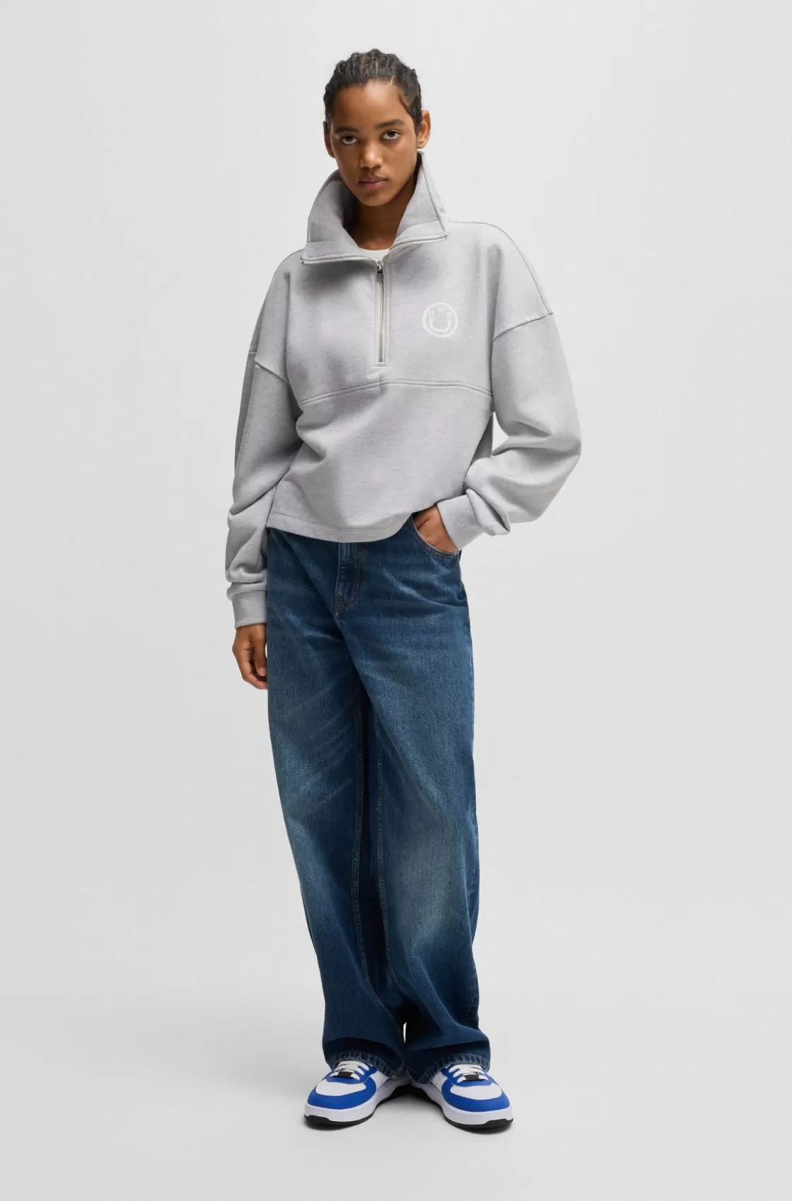 HUGO BOSS Cotton-terry Sweatshirt With Seasonal Logo Graphics Light Grey Store