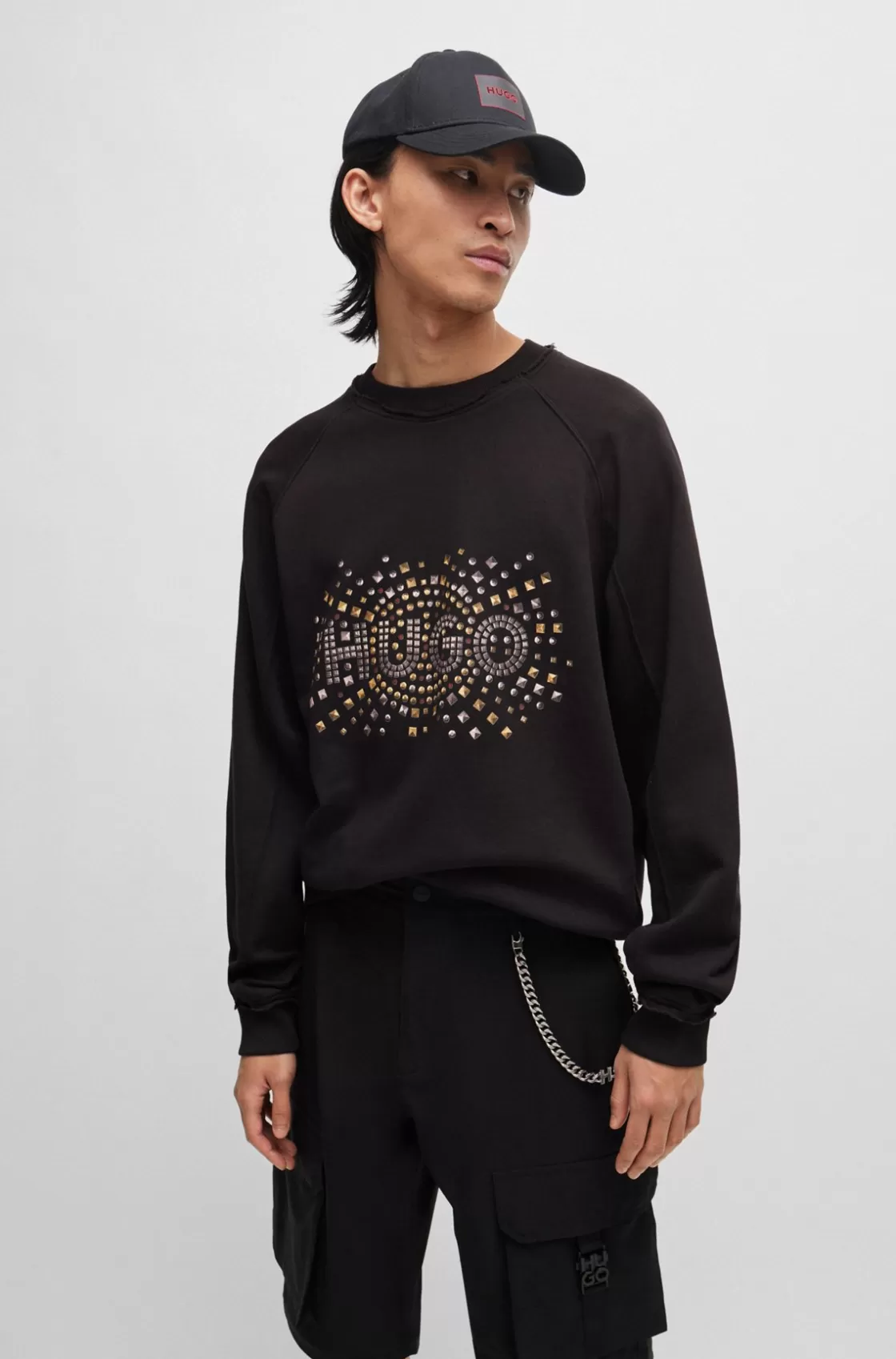 HUGO BOSS Cotton-terry Sweatshirt With Stud-effect Logo Artwork Black Fashion
