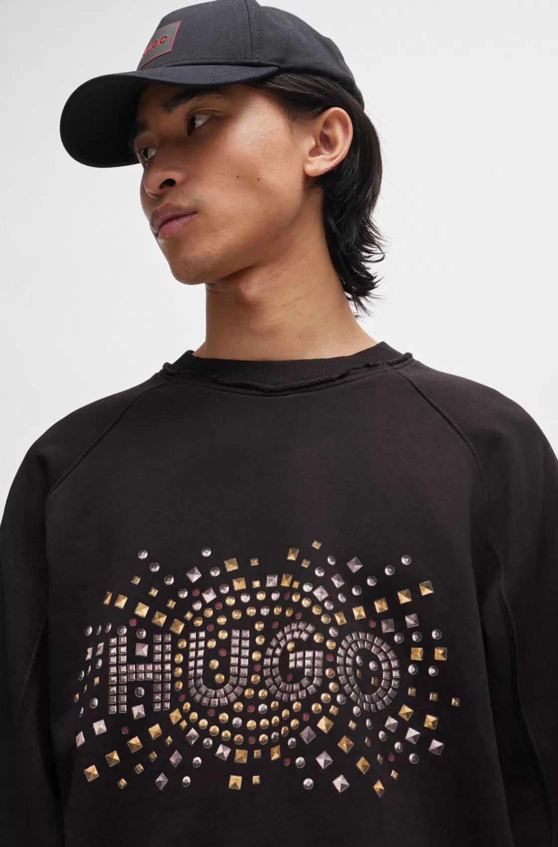 HUGO BOSS Cotton-terry Sweatshirt With Stud-effect Logo Artwork Black Fashion