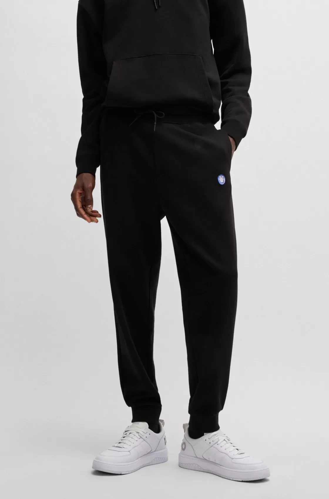 HUGO BOSS Cotton-terry Tracksuit Bottoms With Happy HUGO Logo Patch Black Outlet