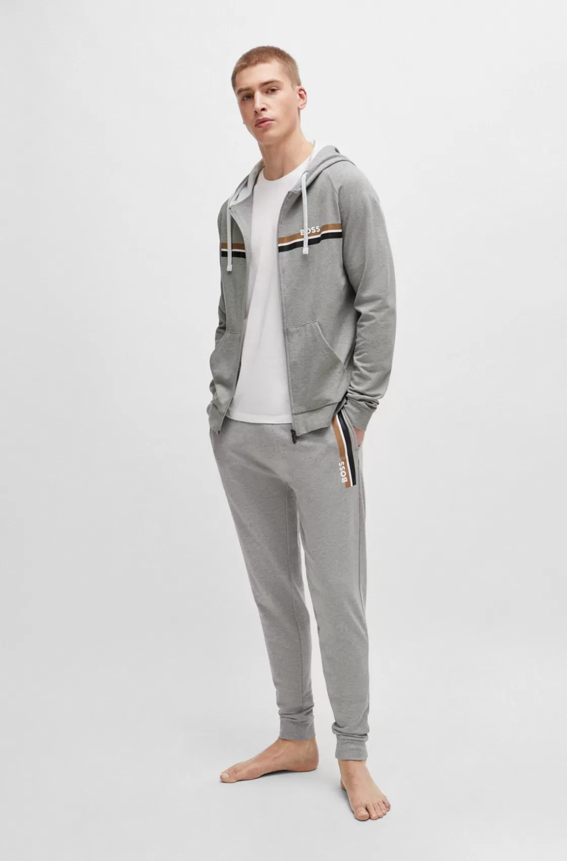HUGO BOSS Cotton-terry Tracksuit Bottoms With Stripes And Logo Grey Best Sale