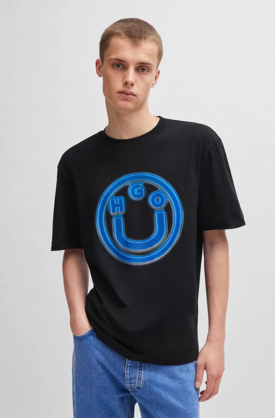 HUGO BOSS Cotton-terry T-shirt With Smiley-face Logo Black Cheap