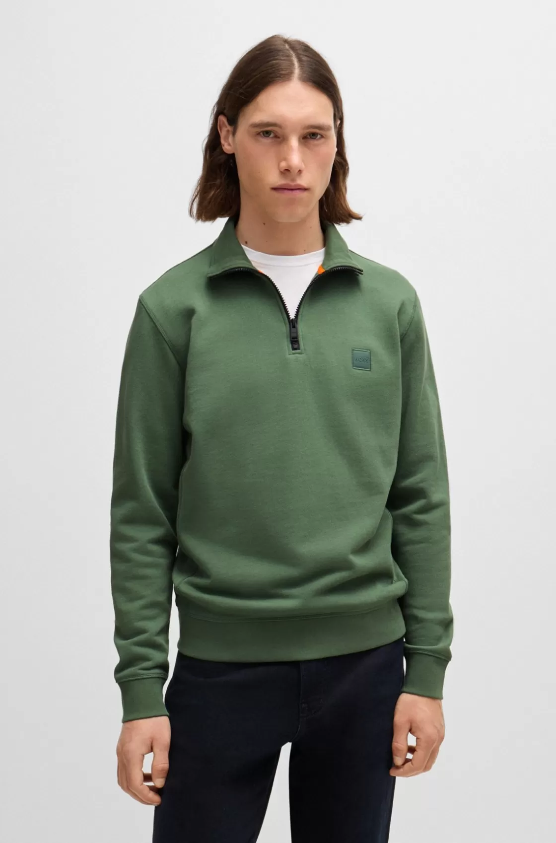 HUGO BOSS Cotton-terry Zip-neck Sweatshirt With Logo Patch Light Green Best