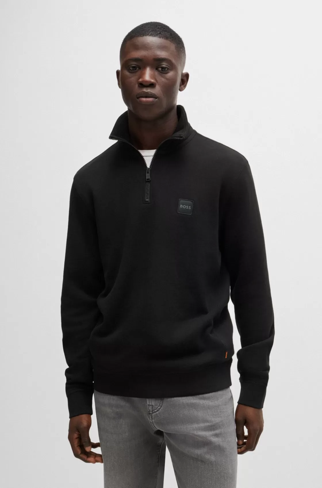 HUGO BOSS Cotton-terry Zip-neck Sweatshirt With Logo Patch Black Sale