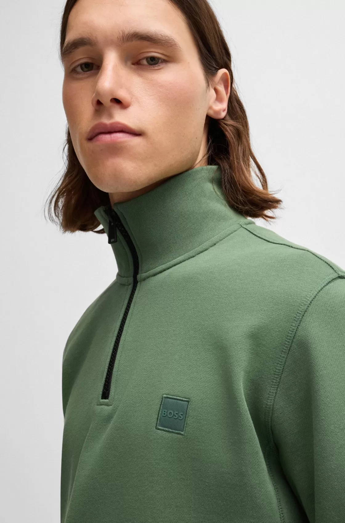 HUGO BOSS Cotton-terry Zip-neck Sweatshirt With Logo Patch Light Green Best