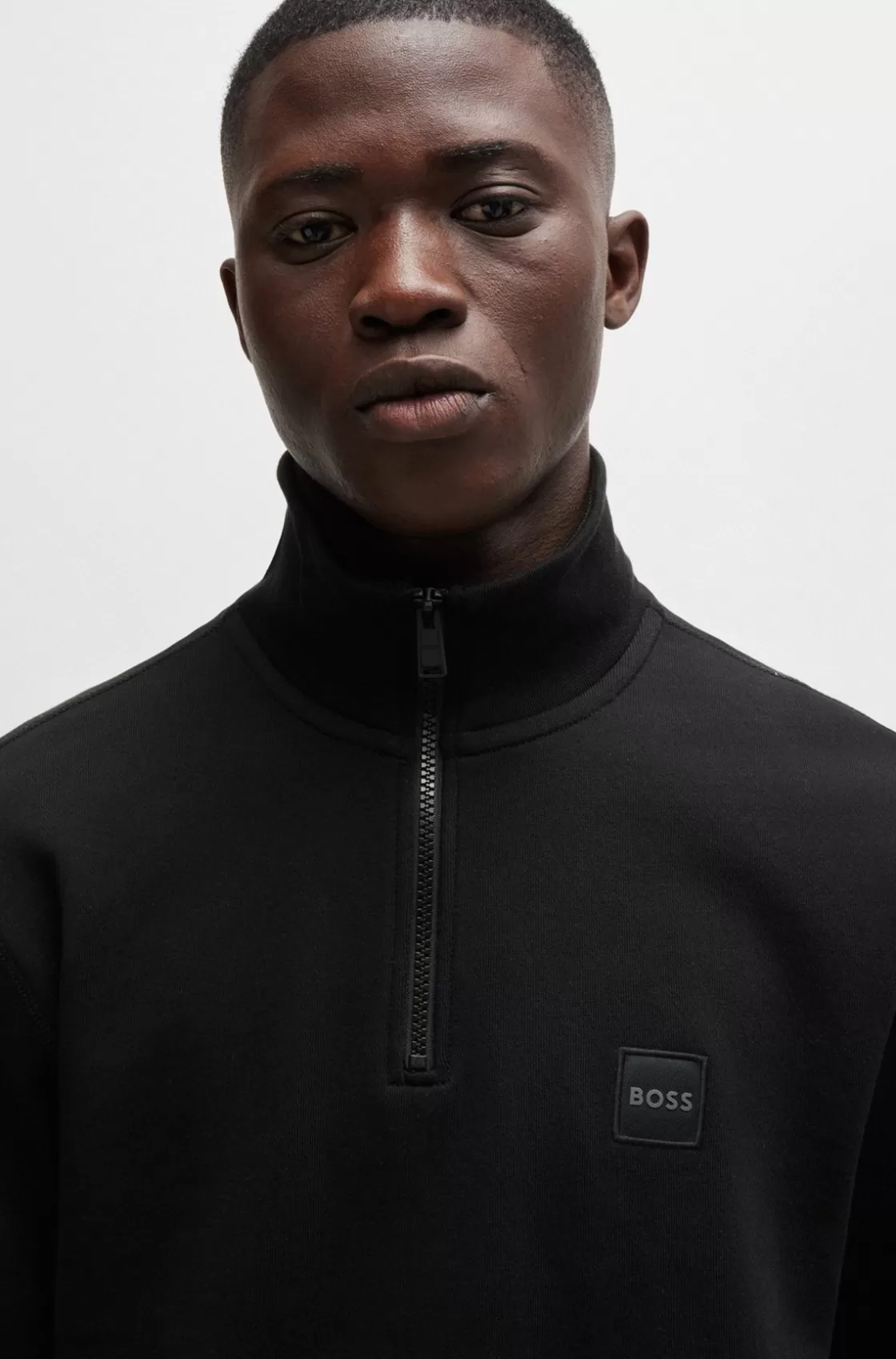 HUGO BOSS Cotton-terry Zip-neck Sweatshirt With Logo Patch Black Sale