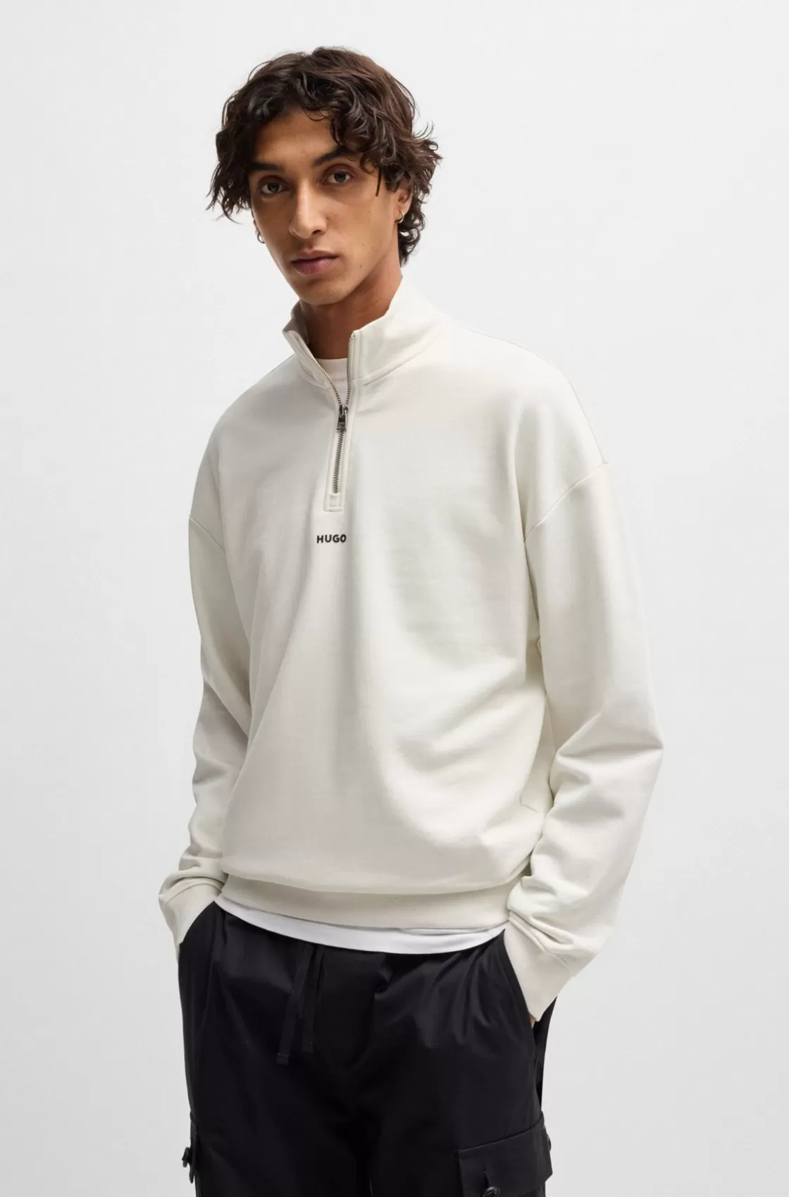 HUGO BOSS Cotton-terry Zip-neck Sweatshirt With Logo Print White Sale