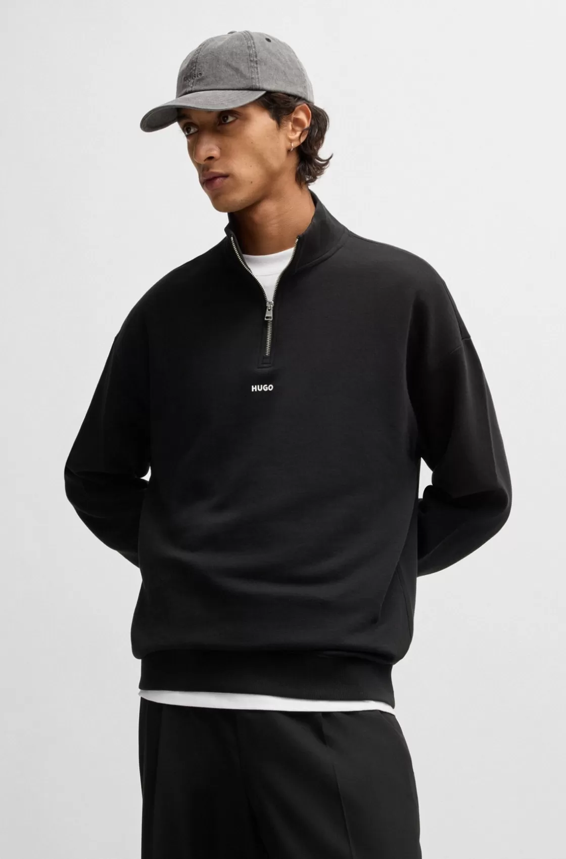 HUGO BOSS Cotton-terry Zip-neck Sweatshirt With Logo Print Black Online
