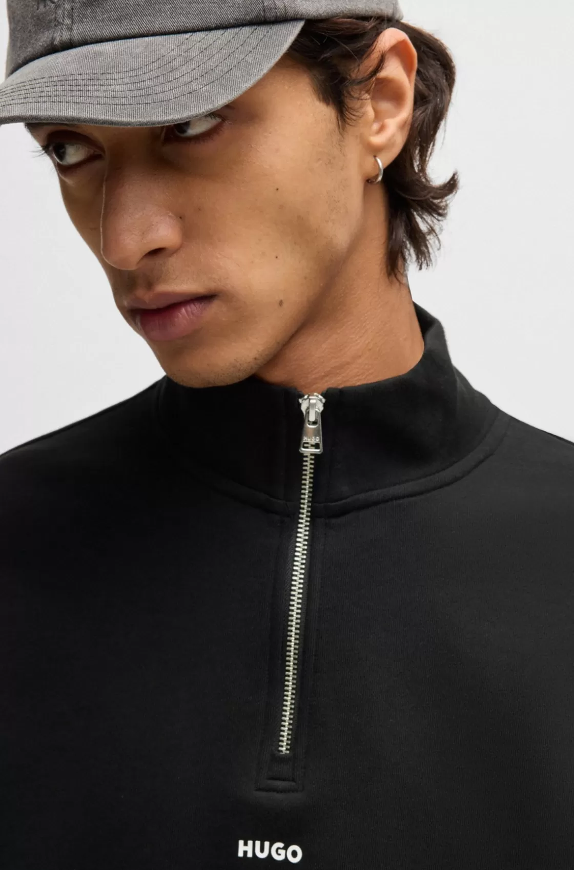 HUGO BOSS Cotton-terry Zip-neck Sweatshirt With Logo Print Black Online