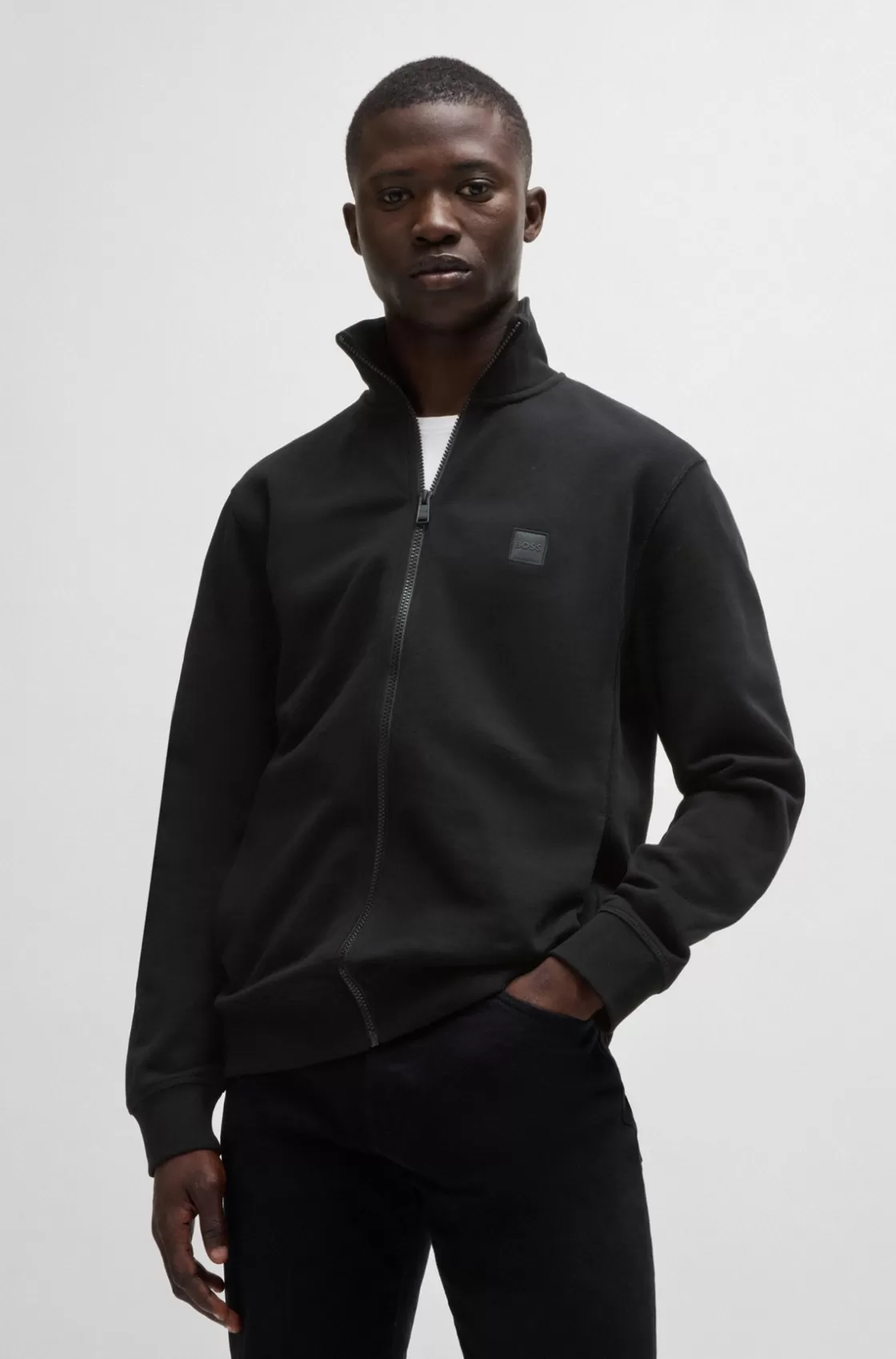 HUGO BOSS Cotton-terry Zip-up Jacket With Logo Badge Black Shop