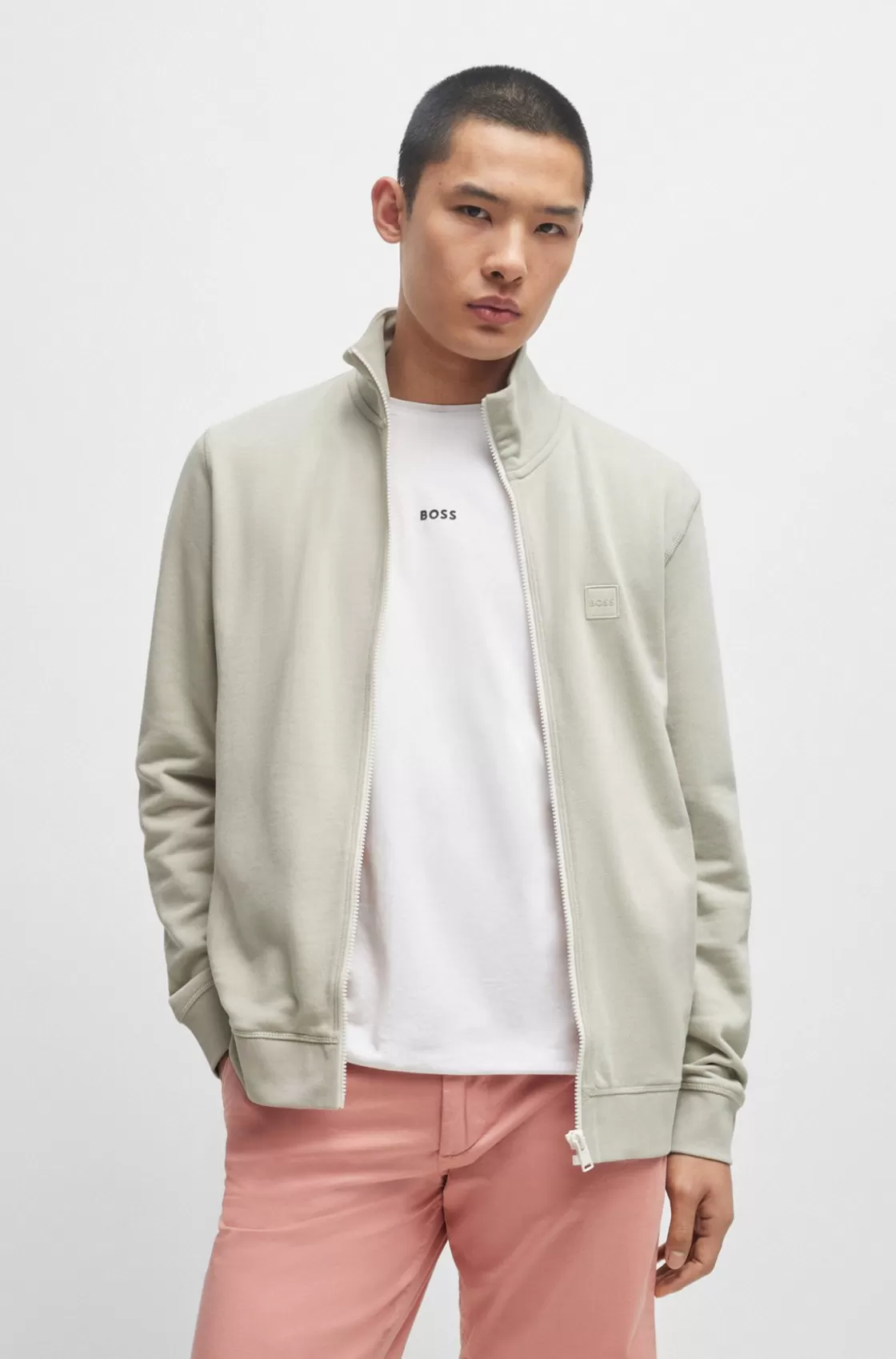 HUGO BOSS Cotton-terry Zip-up Jacket With Logo Badge Light Beige New