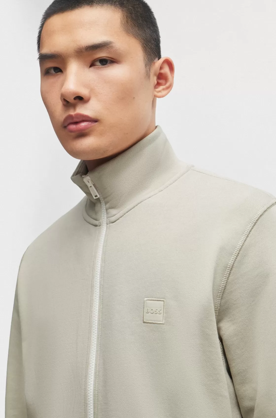 HUGO BOSS Cotton-terry Zip-up Jacket With Logo Badge Light Beige New