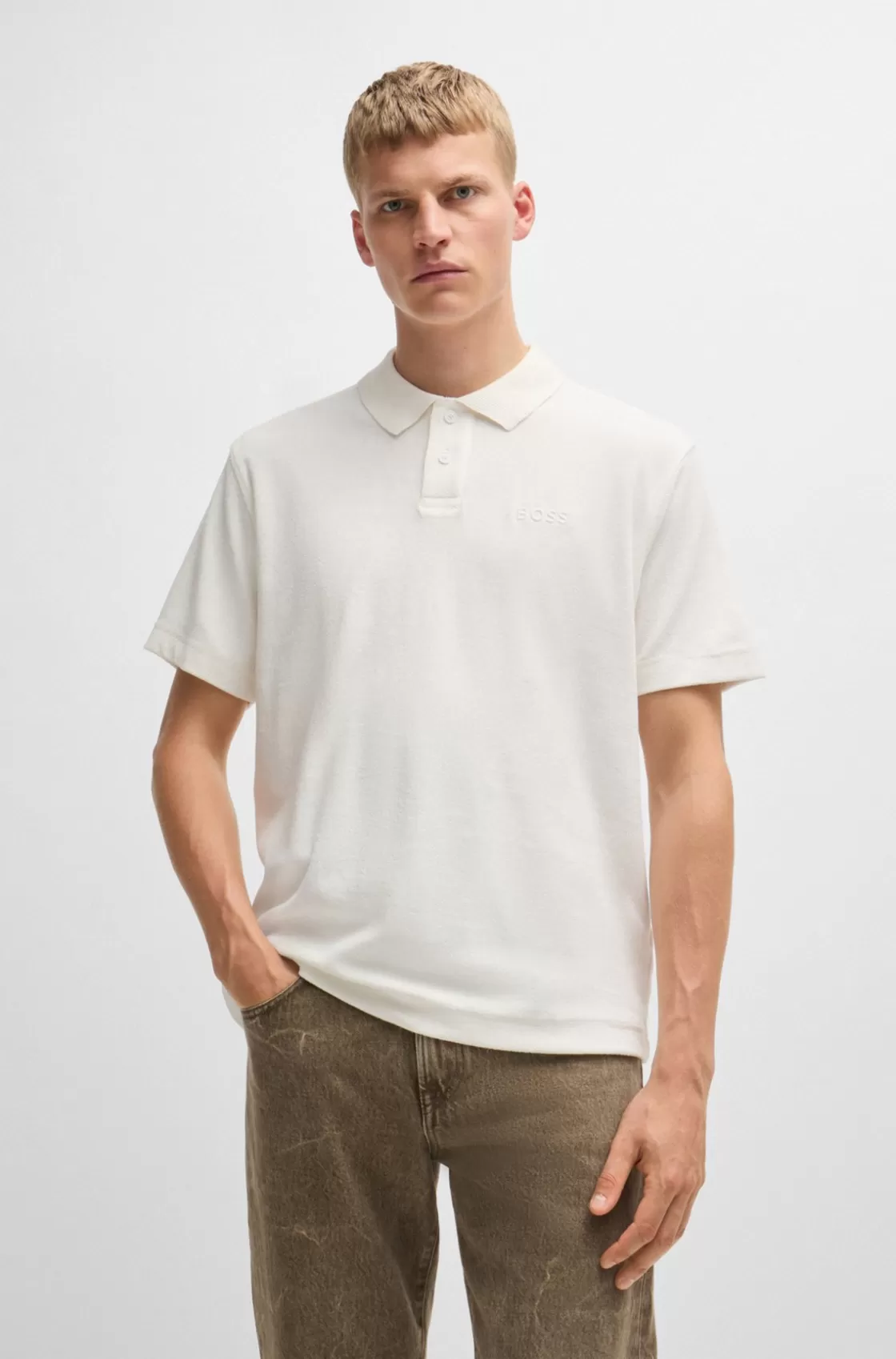 HUGO BOSS Cotton-toweling Polo Shirt With Mixed-technique Logo White Shop