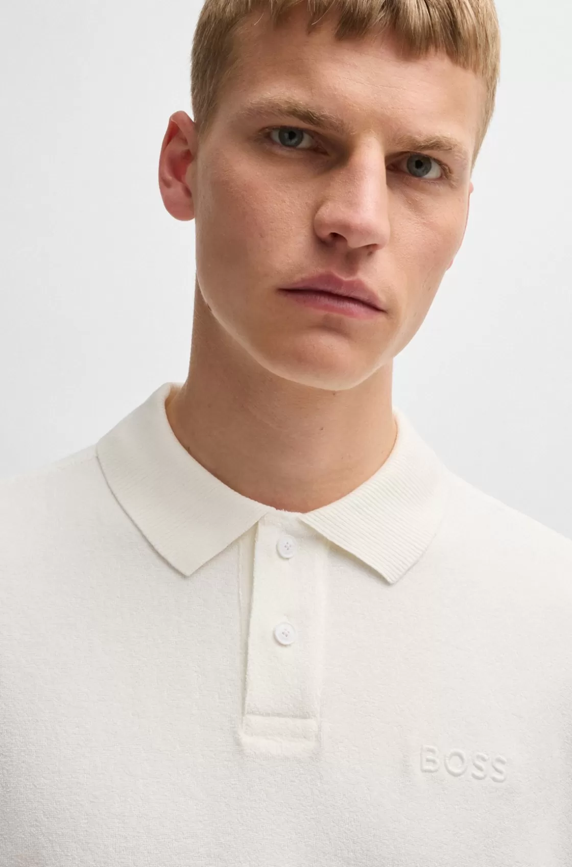 HUGO BOSS Cotton-toweling Polo Shirt With Mixed-technique Logo White Shop
