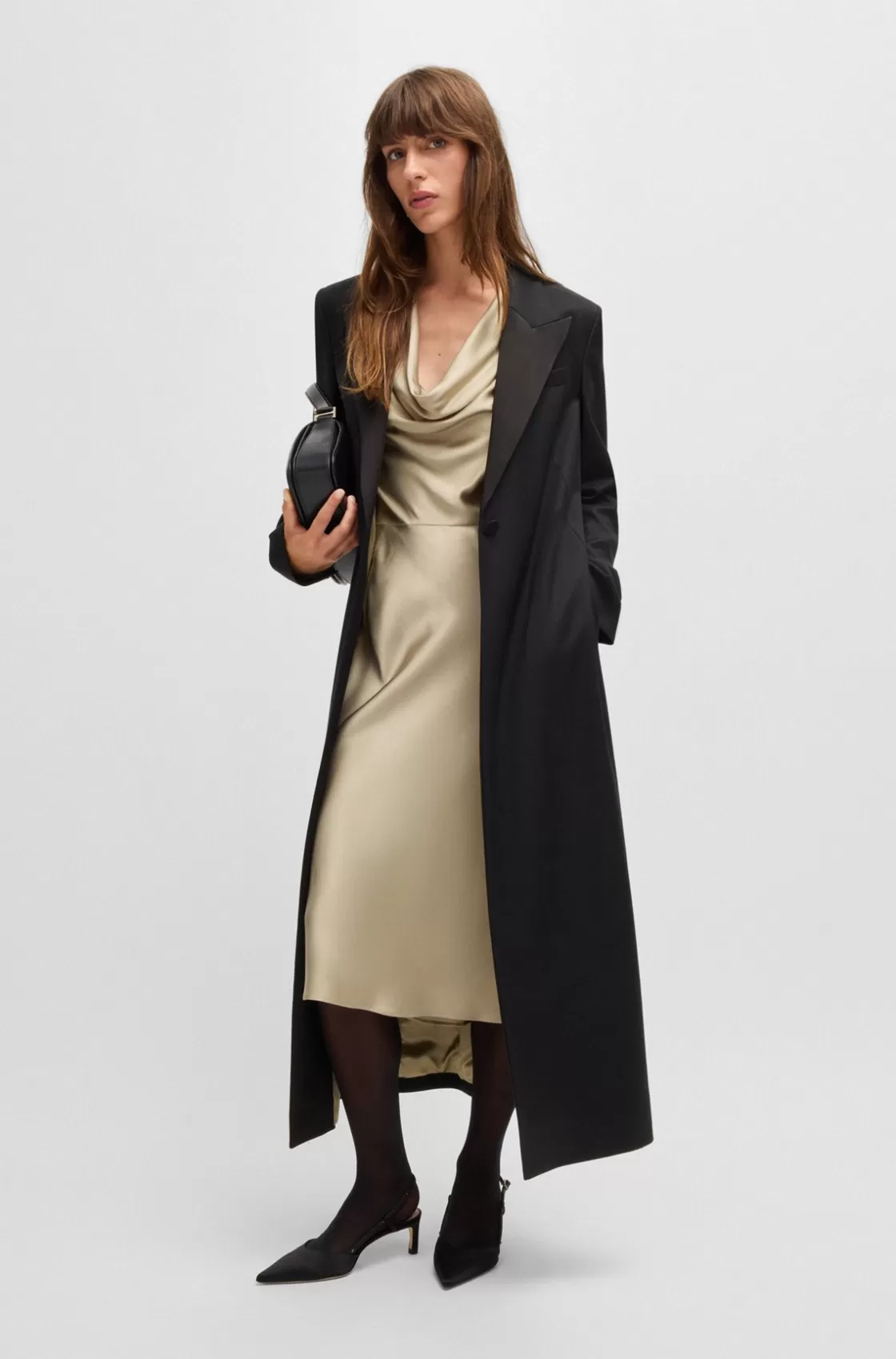 HUGO BOSS Cowl-neck Dress In Fluent Satin With Cowl Neckline Light Beige Clearance