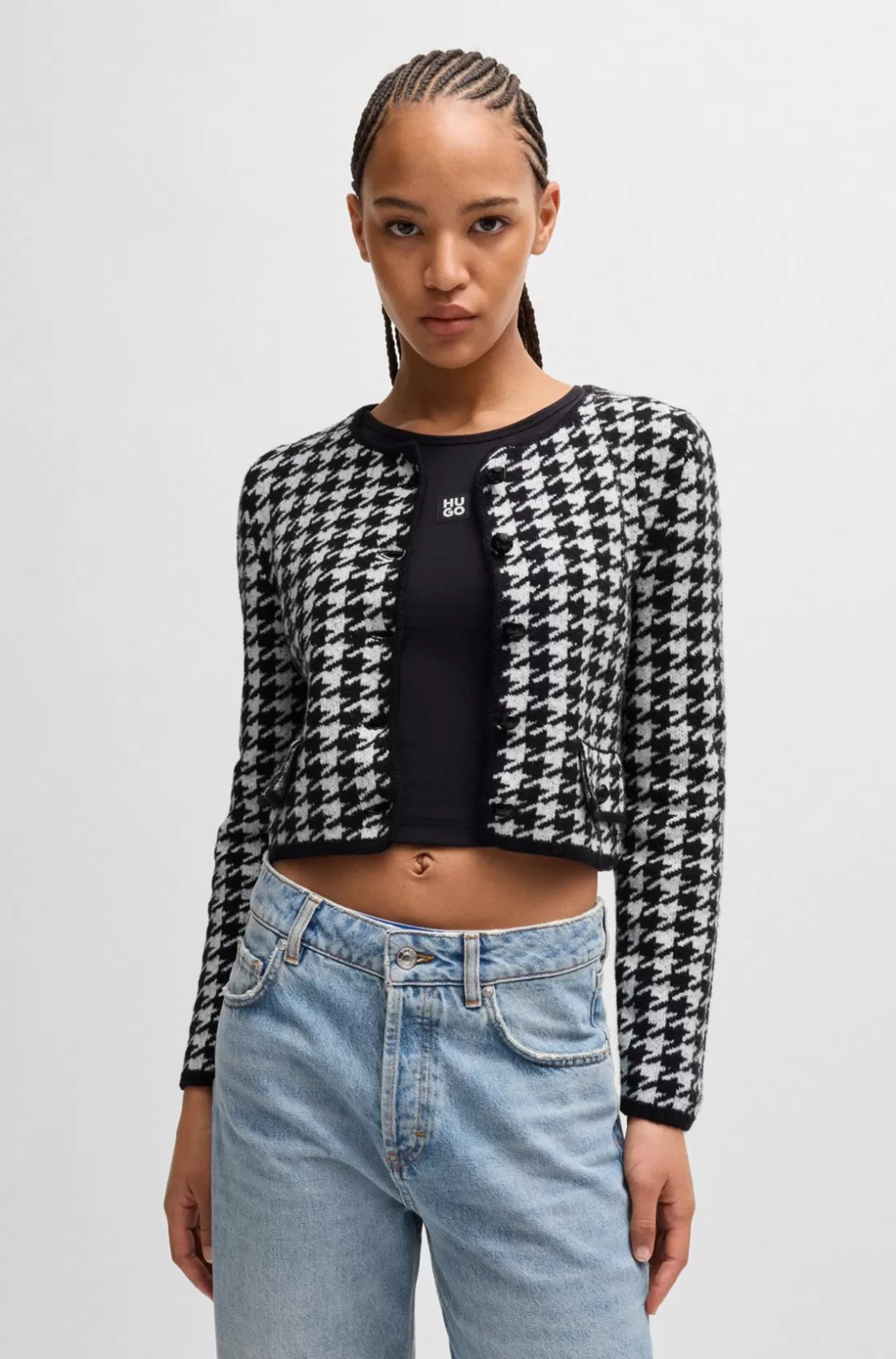 HUGO BOSS Cropped Cardigan In A Houndstooth Cotton Blend Patterned Fashion