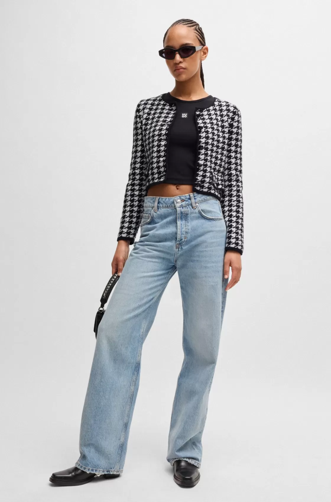 HUGO BOSS Cropped Cardigan In A Houndstooth Cotton Blend Patterned Fashion