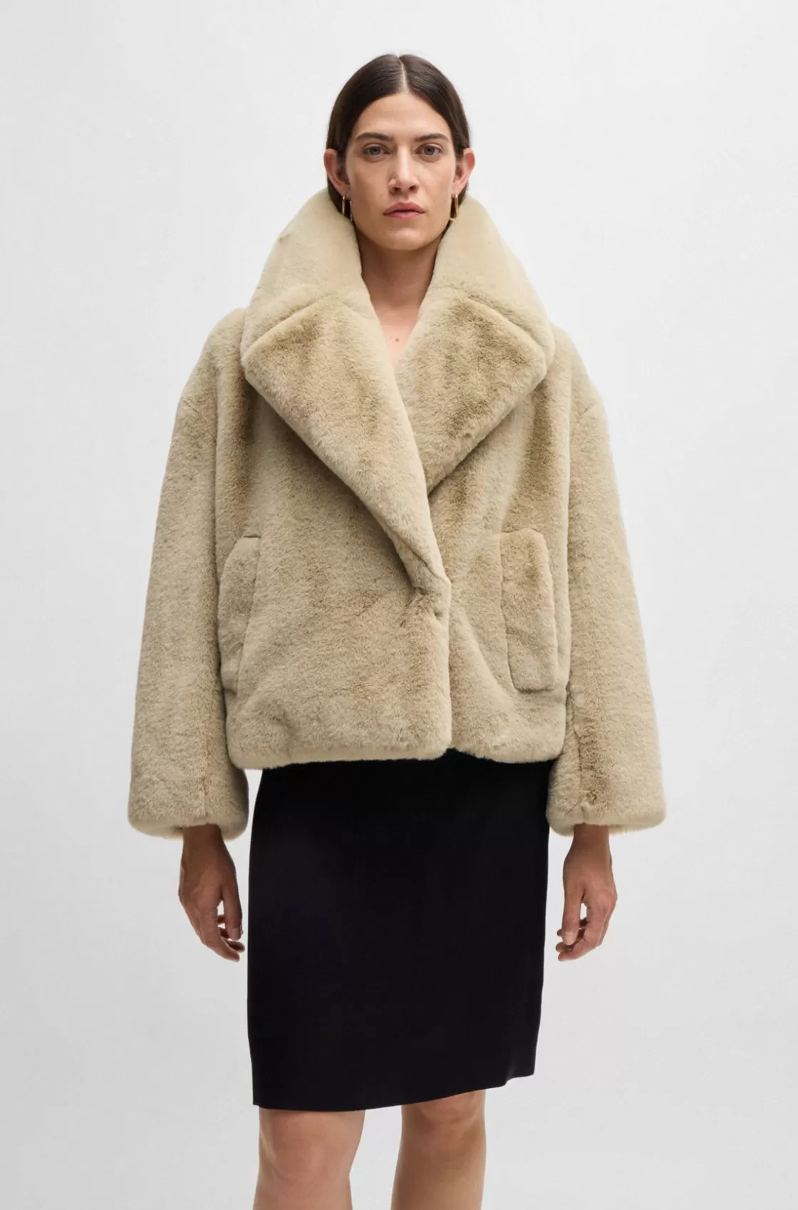 HUGO BOSS Cropped Coat In Plush Teddy Fabric Light Beige Store