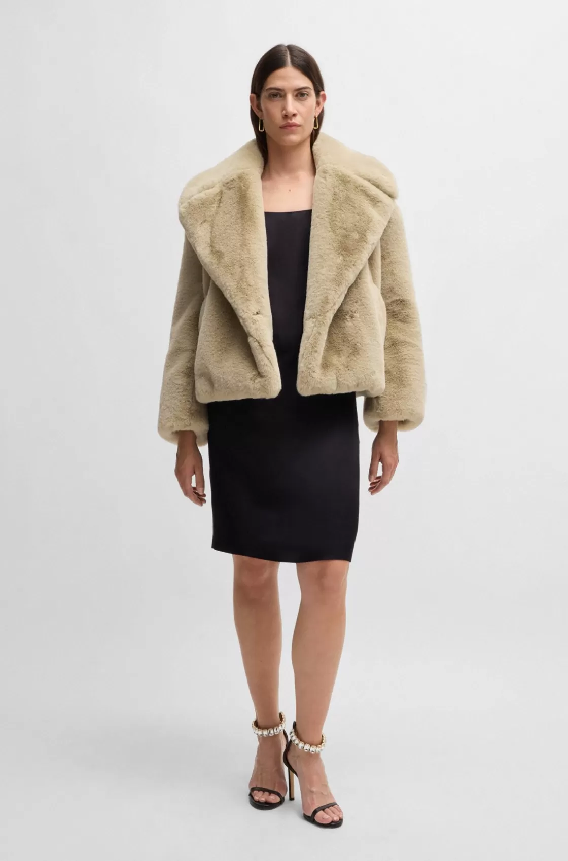 HUGO BOSS Cropped Coat In Plush Teddy Fabric Light Beige Store