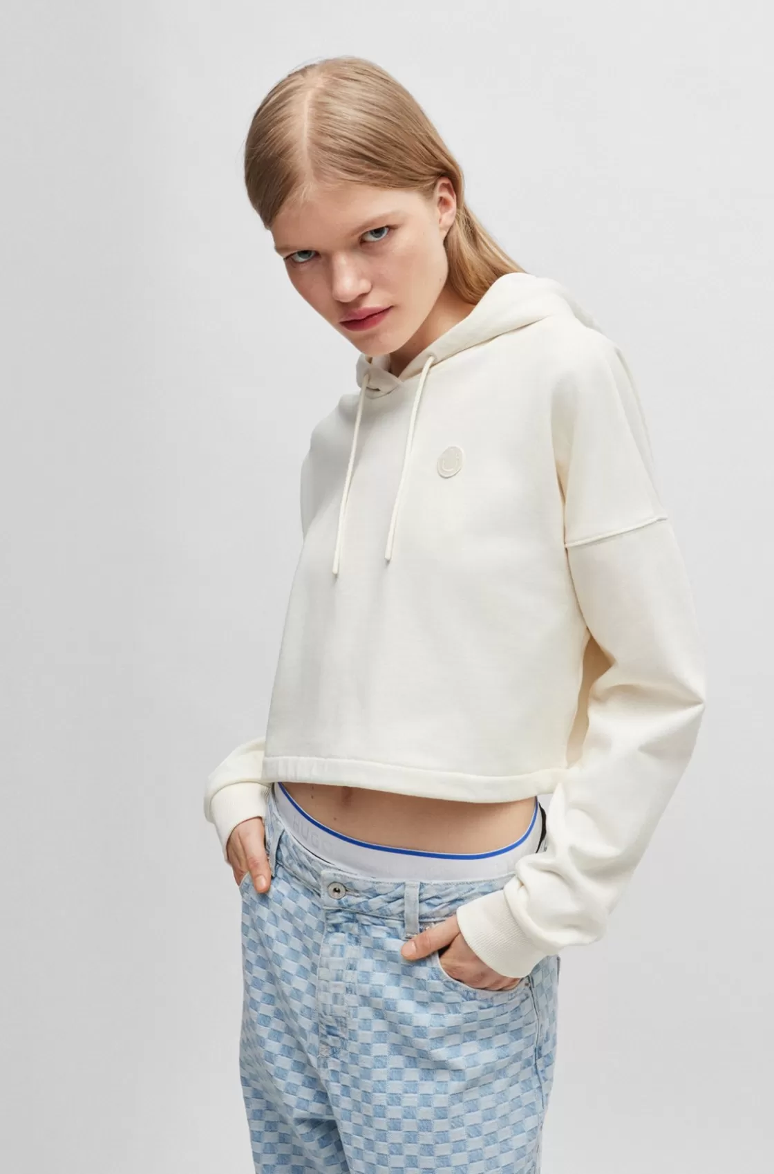 HUGO BOSS Cropped Cotton-terry Hoodie With Happy HUGO Logo Badge White Shop