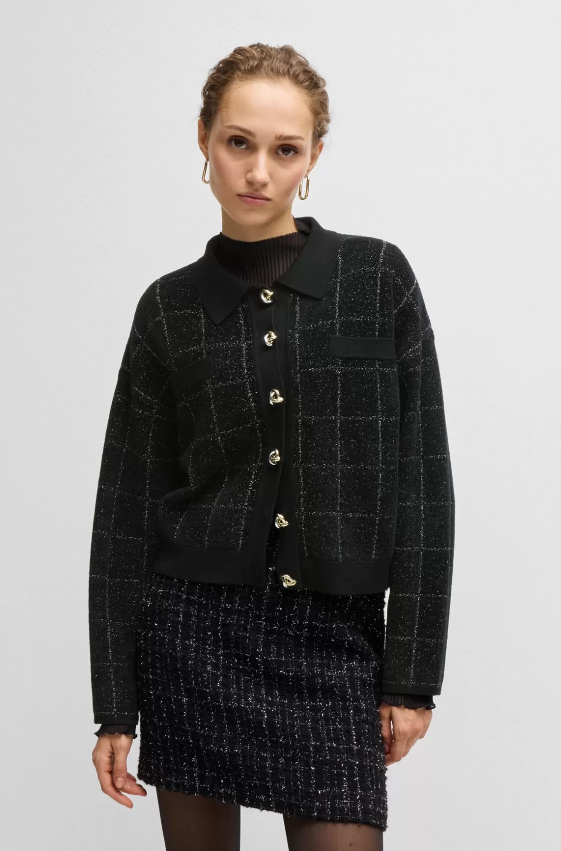 HUGO BOSS Cropped Jacket In Sparkle Tweed With Feature Buttons Black Online