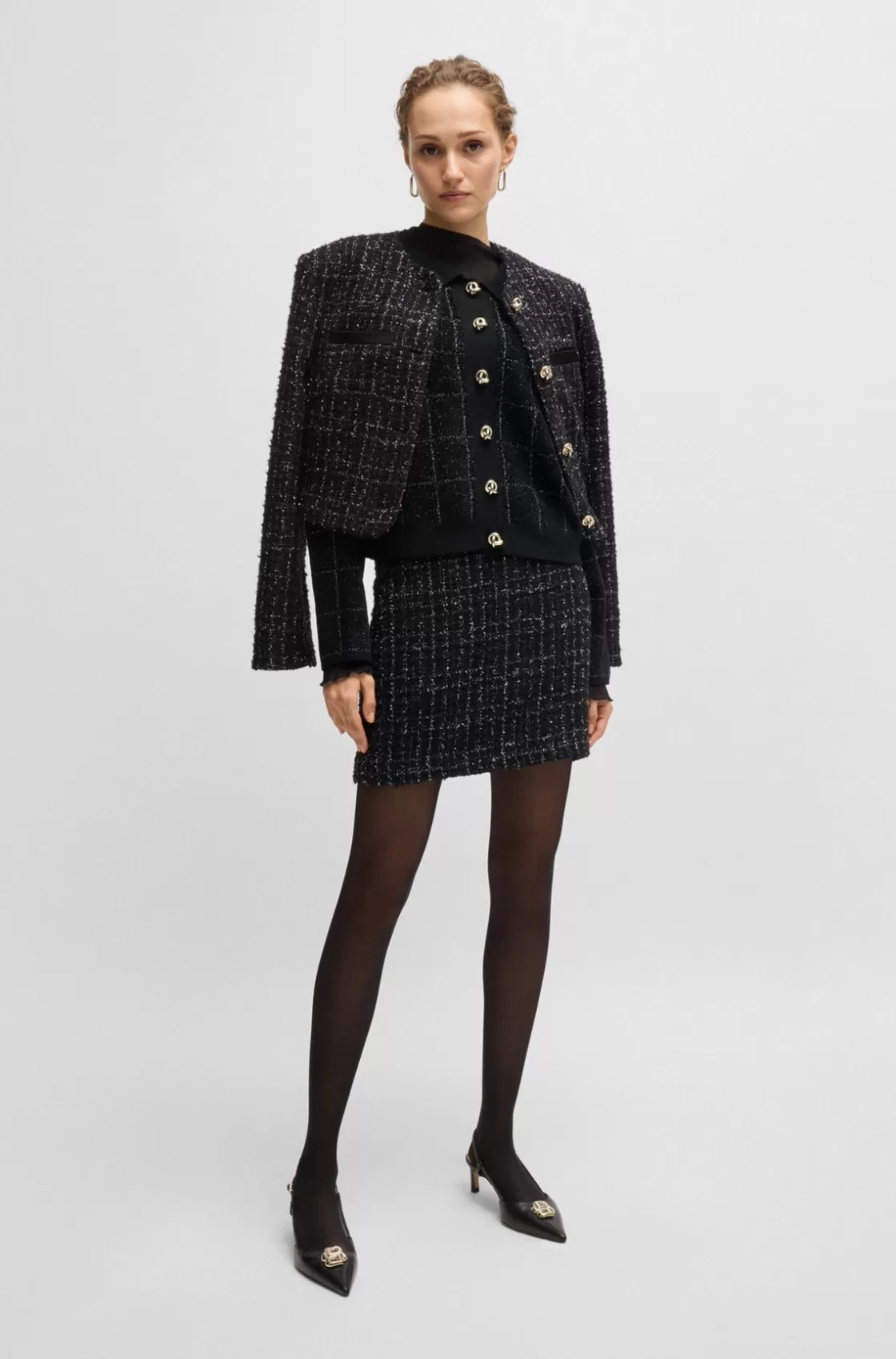 HUGO BOSS Cropped Jacket In Sparkle Tweed With Feature Buttons Black Online