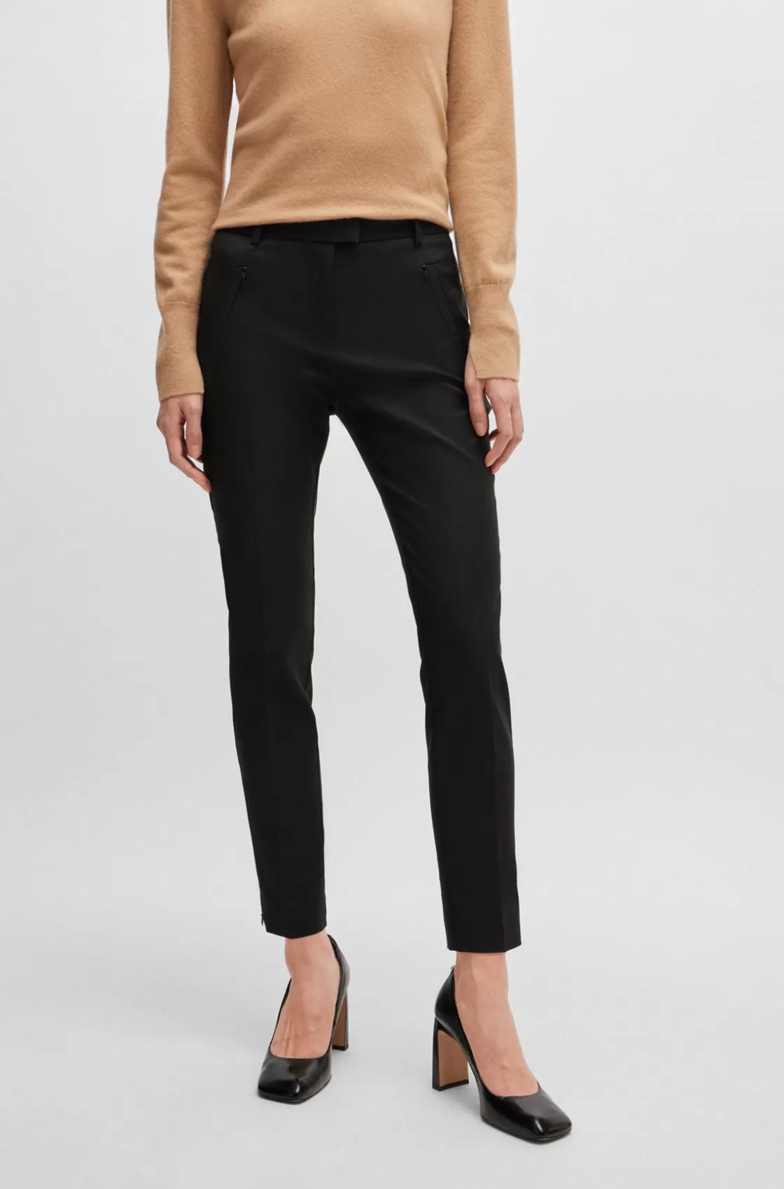 HUGO BOSS Cropped Slim-fit Trousers With Zipped Hems Black Clearance