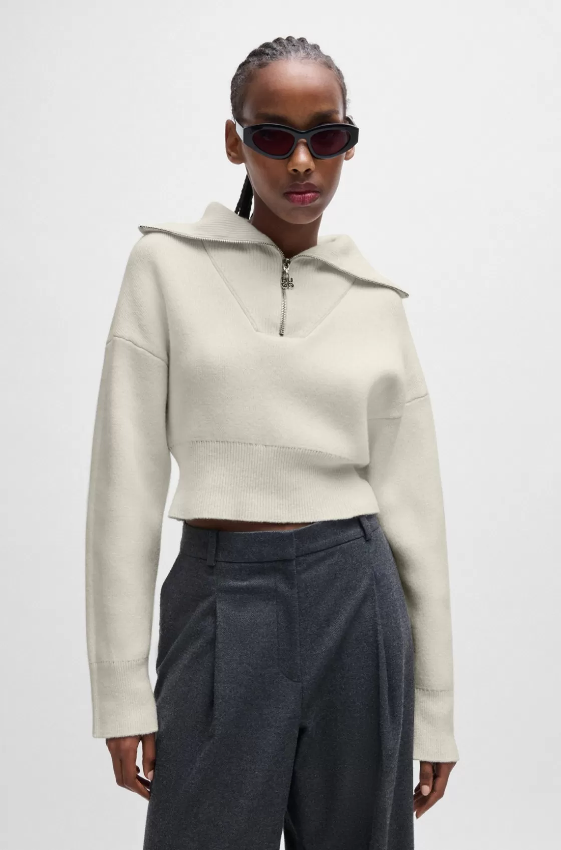 HUGO BOSS Cropped Sweater With Stacked-logo Zip Puller White Clearance