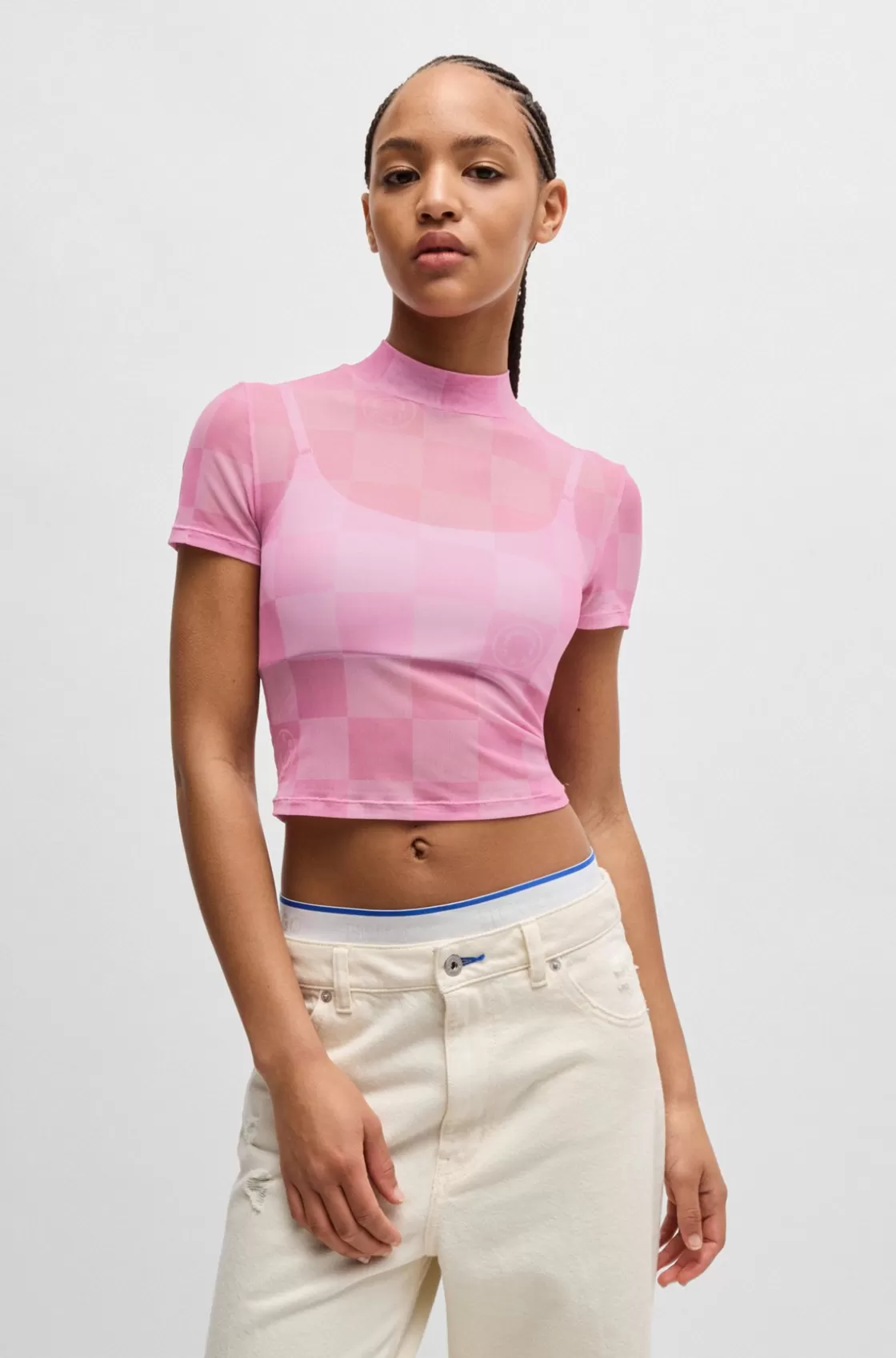 HUGO BOSS Cropped Top In Logo-print Stretch Mesh Patterned Flash Sale
