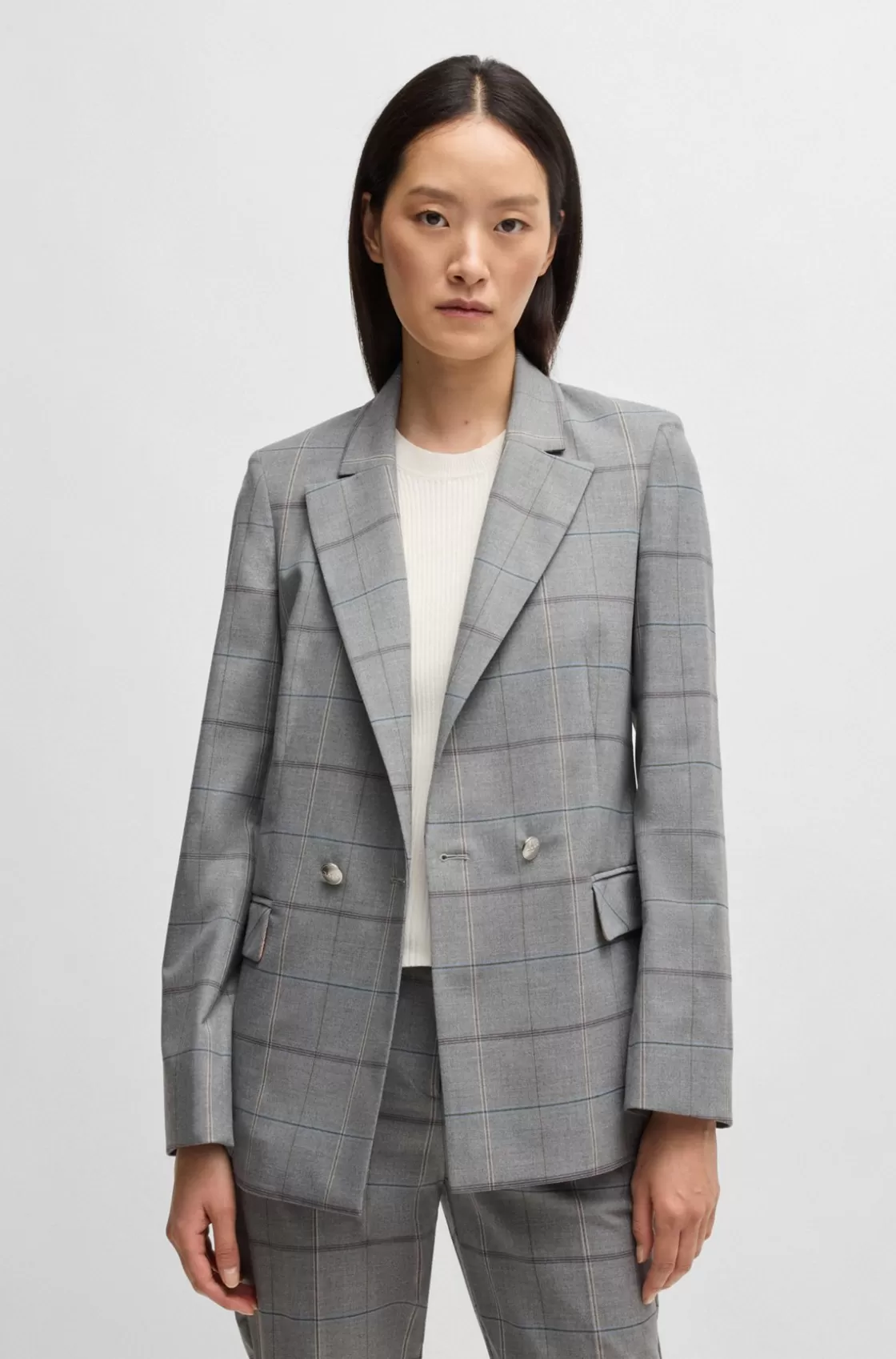 HUGO BOSS Double-breasted Jacket In Checked Stretch Fabric Patterned Clearance
