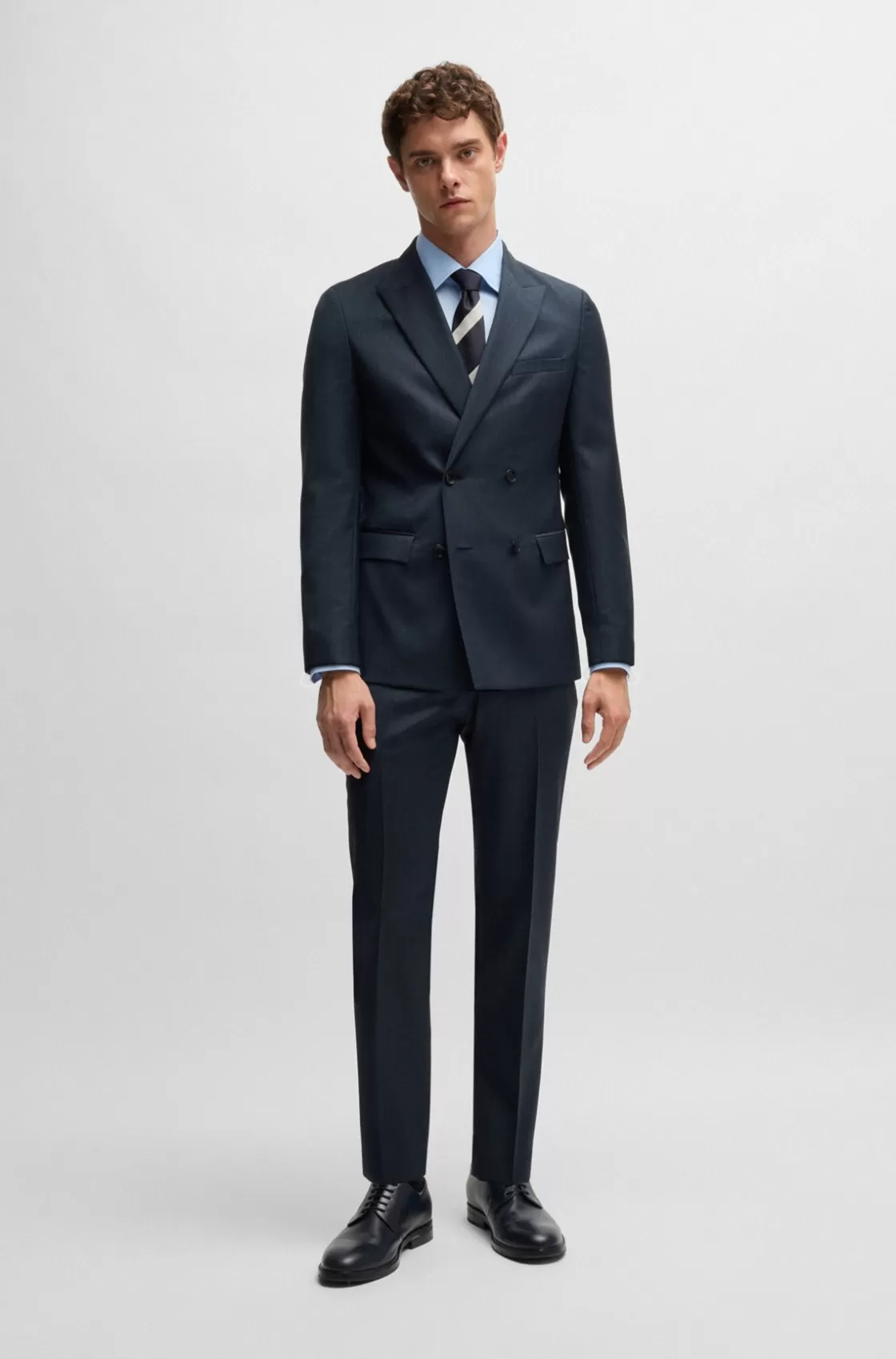 HUGO BOSS Double-breasted Slim-fit Suit In Micro-patterned Wool Dark Blue Outlet