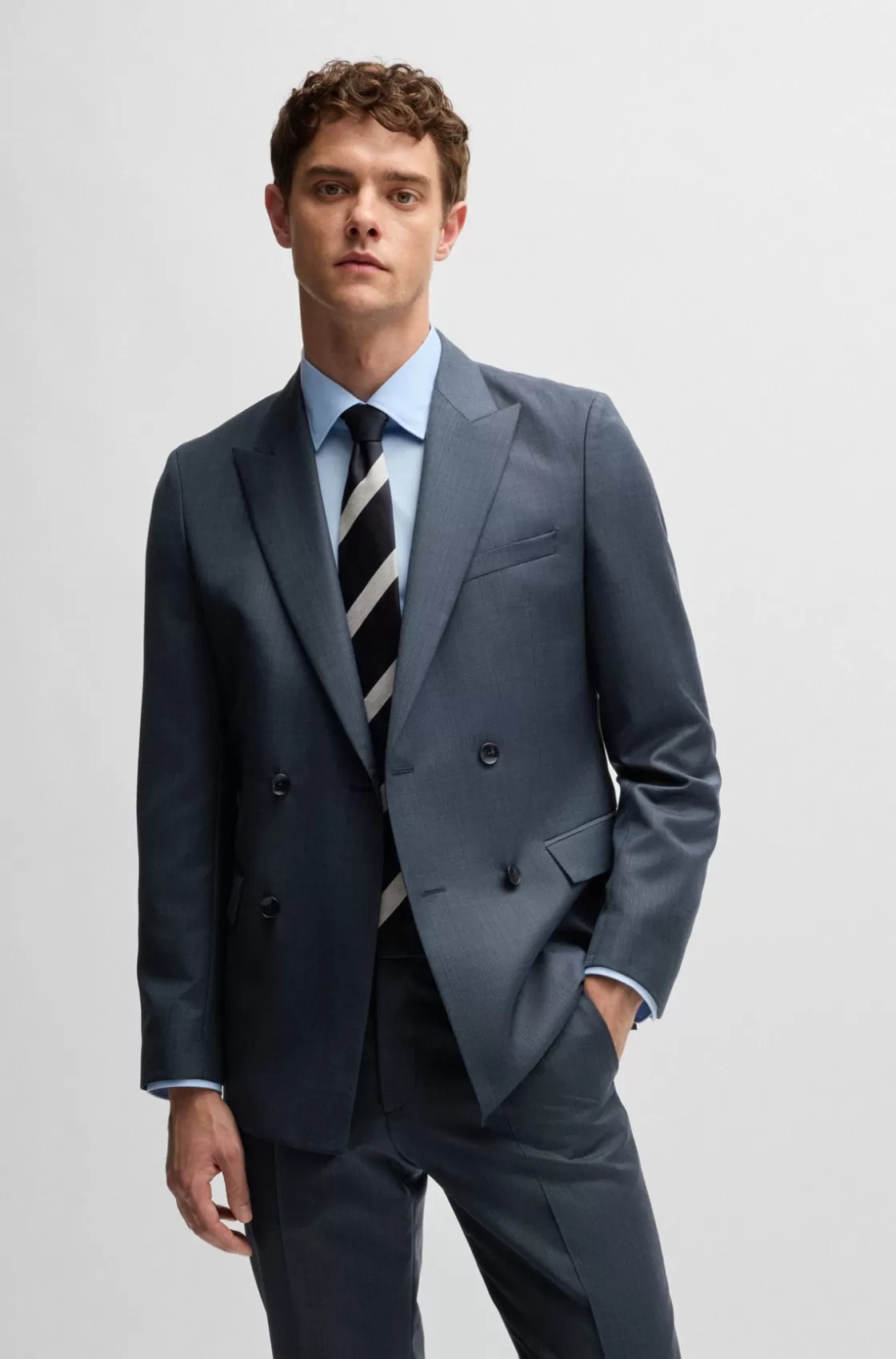 HUGO BOSS Double-breasted Slim-fit Suit In Micro-patterned Wool Dark Blue Outlet