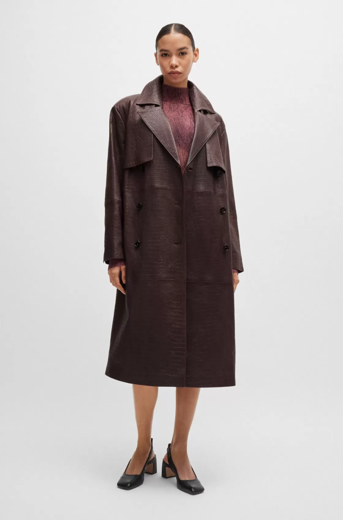 HUGO BOSS Double-breasted Trench Coat In Crocodile-patterned Leather Light Red Hot
