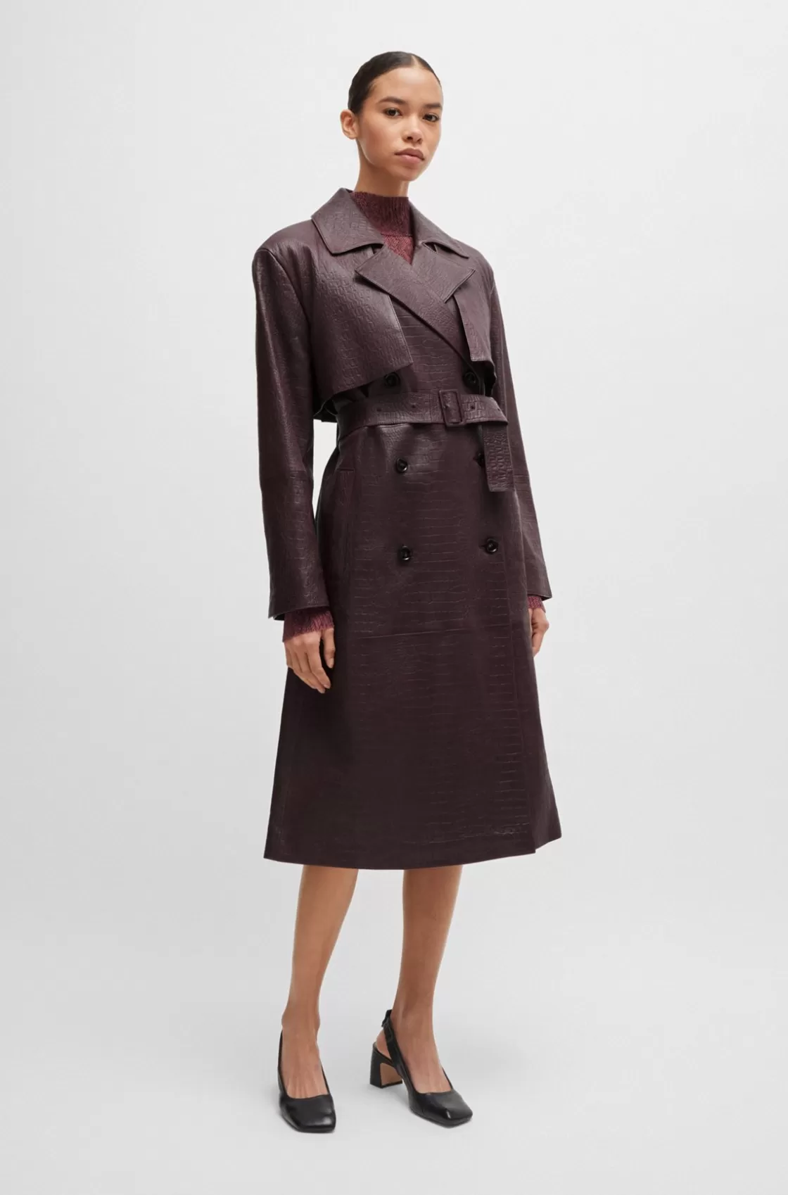 HUGO BOSS Double-breasted Trench Coat In Crocodile-patterned Leather Light Red Hot