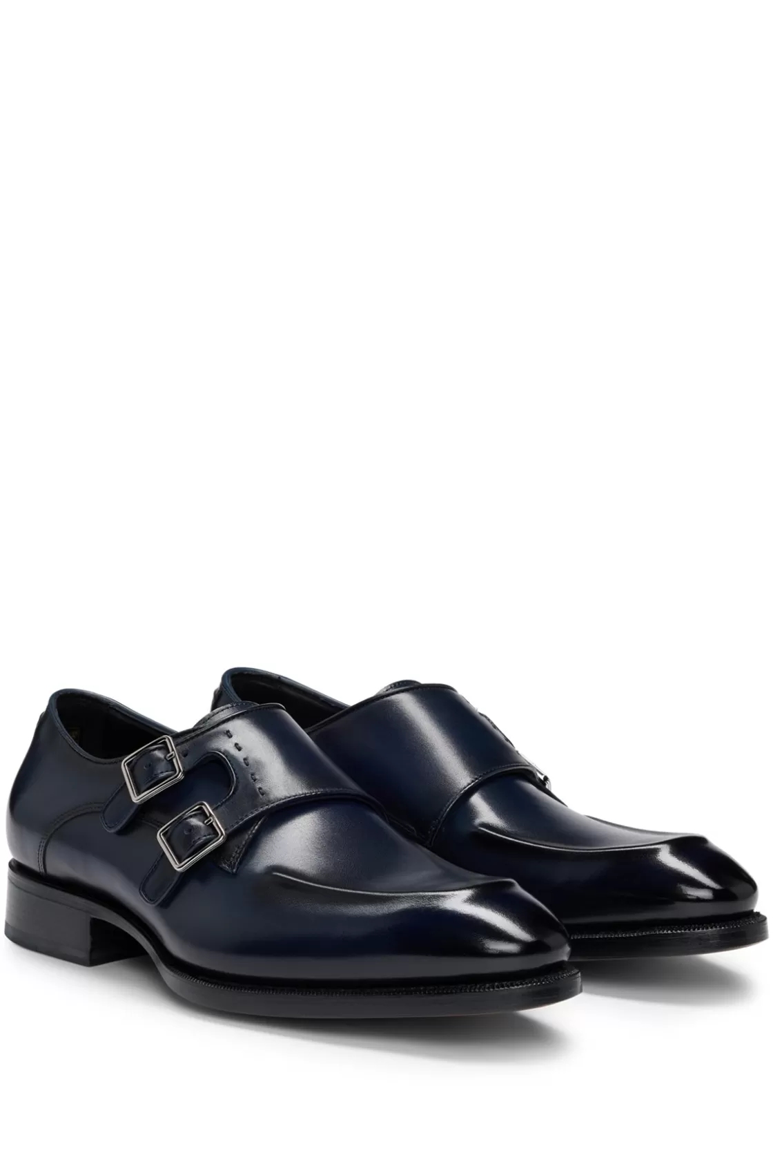 HUGO BOSS Double-strap Monk Shoes In Leather With Heel Detail Dark Blue Hot